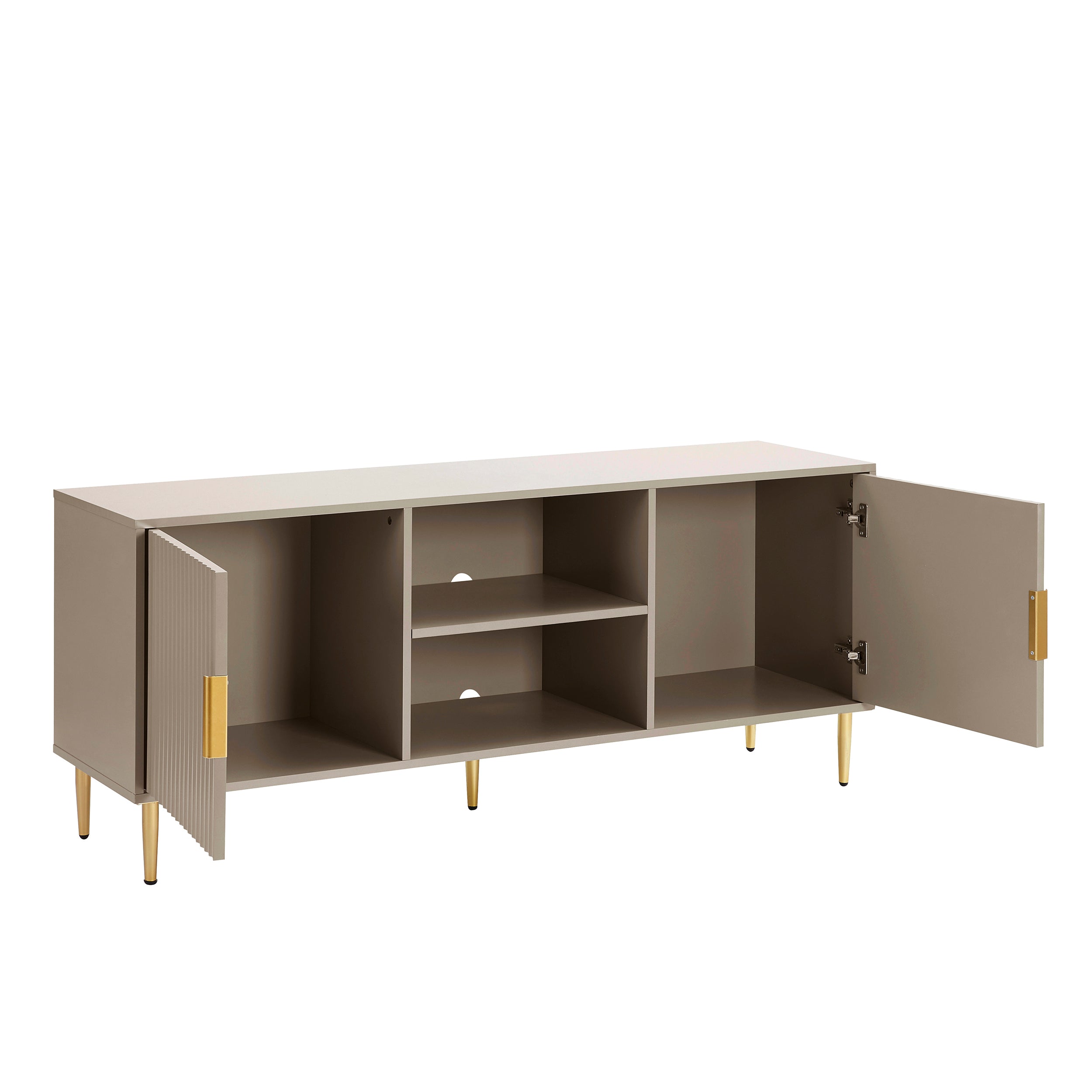 Meuble TV taupe moderne avec accents dorés pour téléviseurs jusqu'à 65 pouces pour le salon