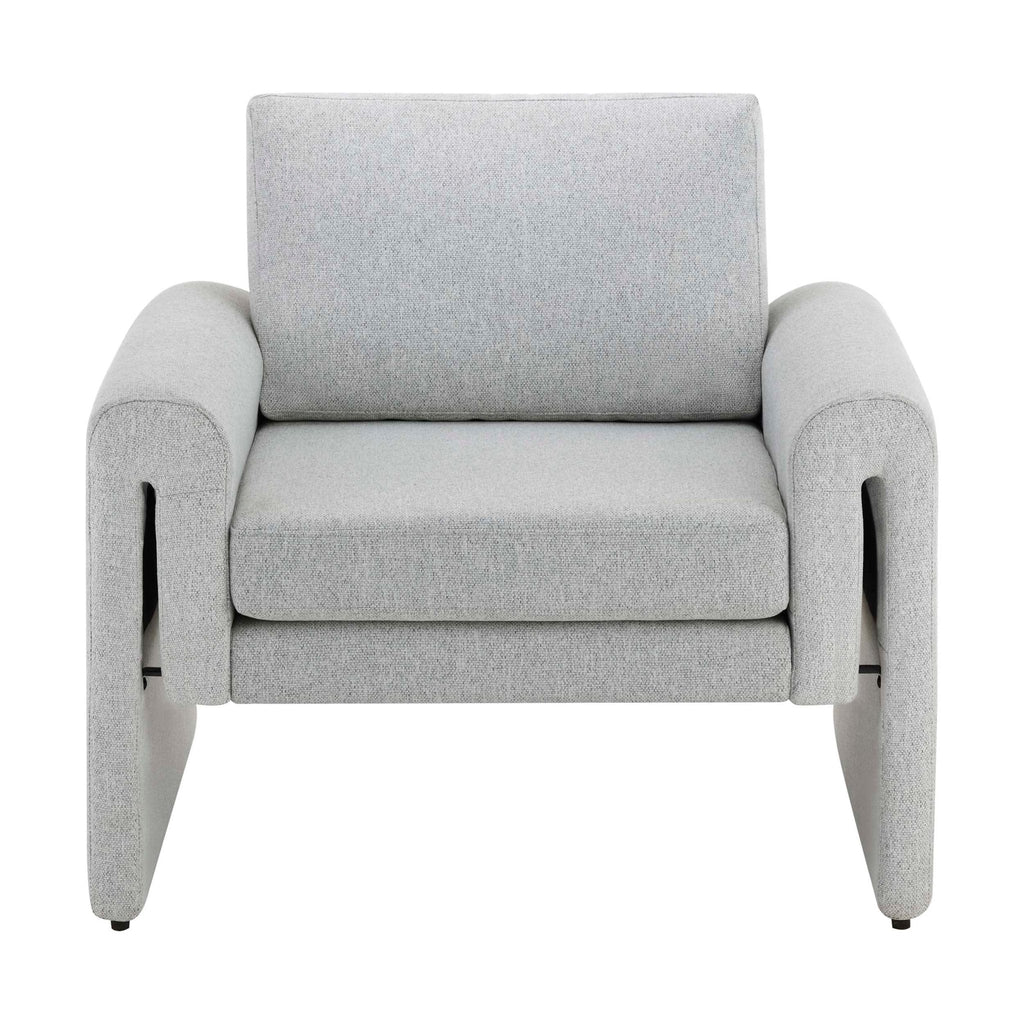 Fauteuil d'appoint minimaliste en tissu gris clair aux lignes épurées pour salon