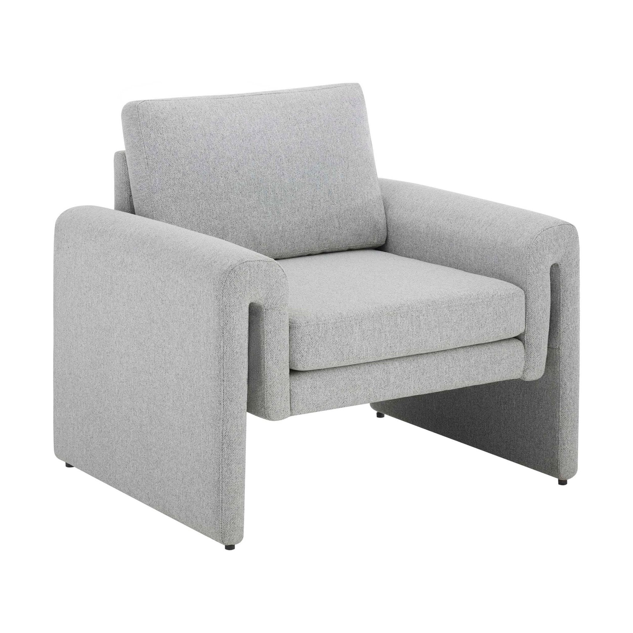 Fauteuil d'appoint minimaliste en tissu gris clair aux lignes épurées pour salon
