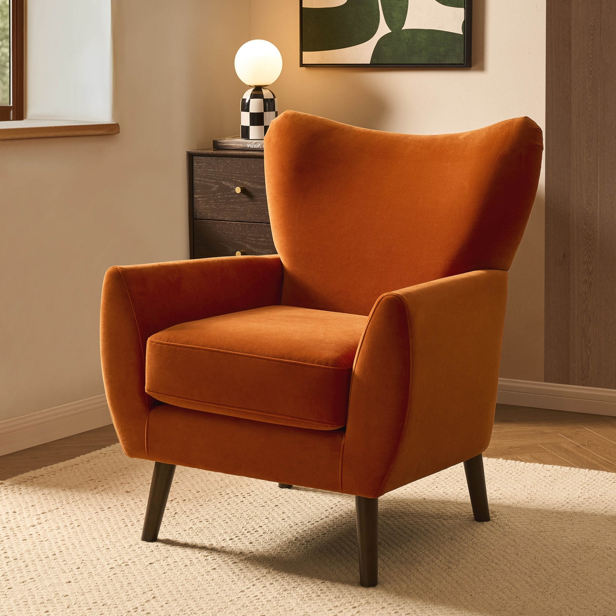 Fauteuil d'appoint rétro orange vif en tissu, couleur affirmée, pour salon