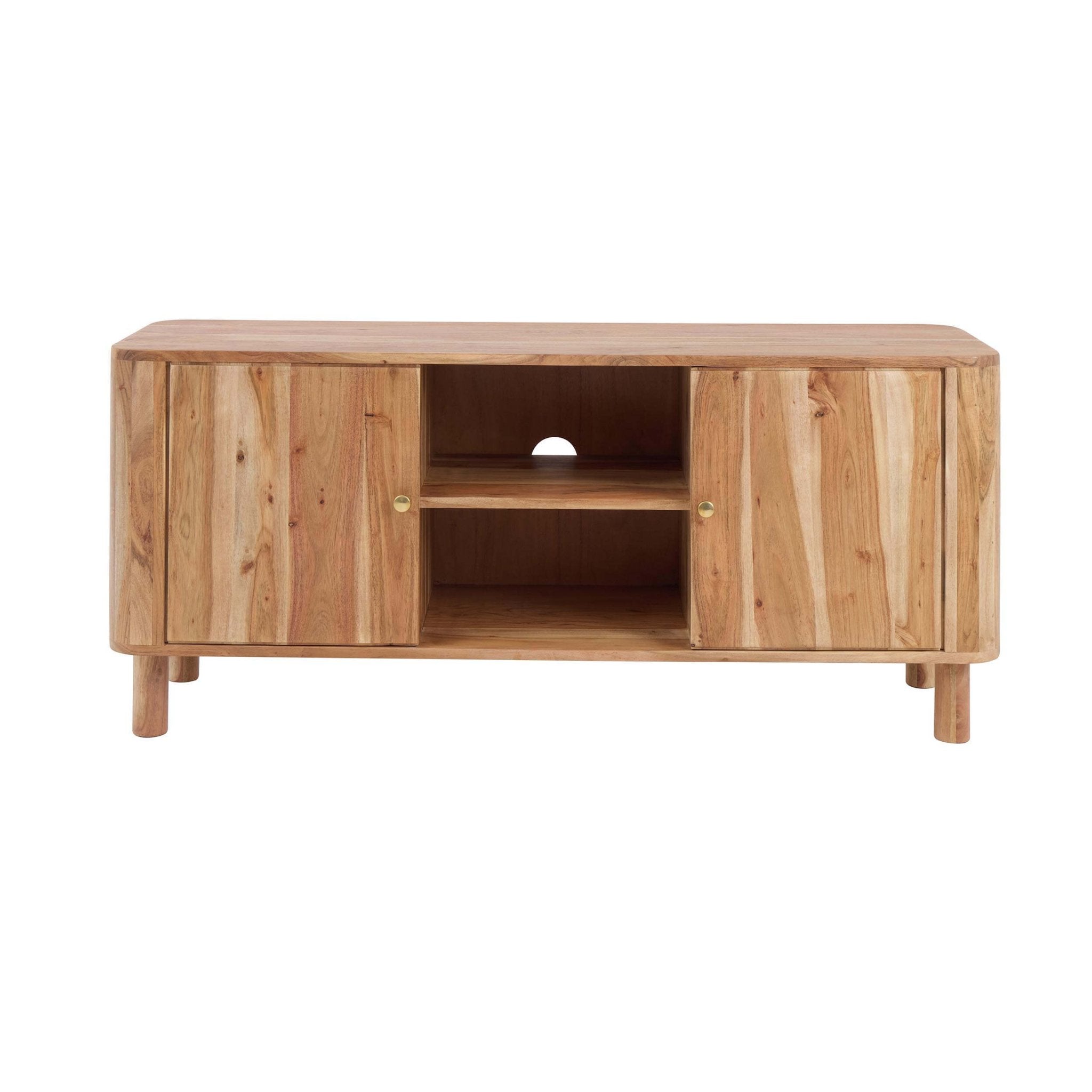 Meuble TV en bois d'acacia naturel organique avec étagères ouvertes pour téléviseurs jusqu'à 50 pouces pour salon