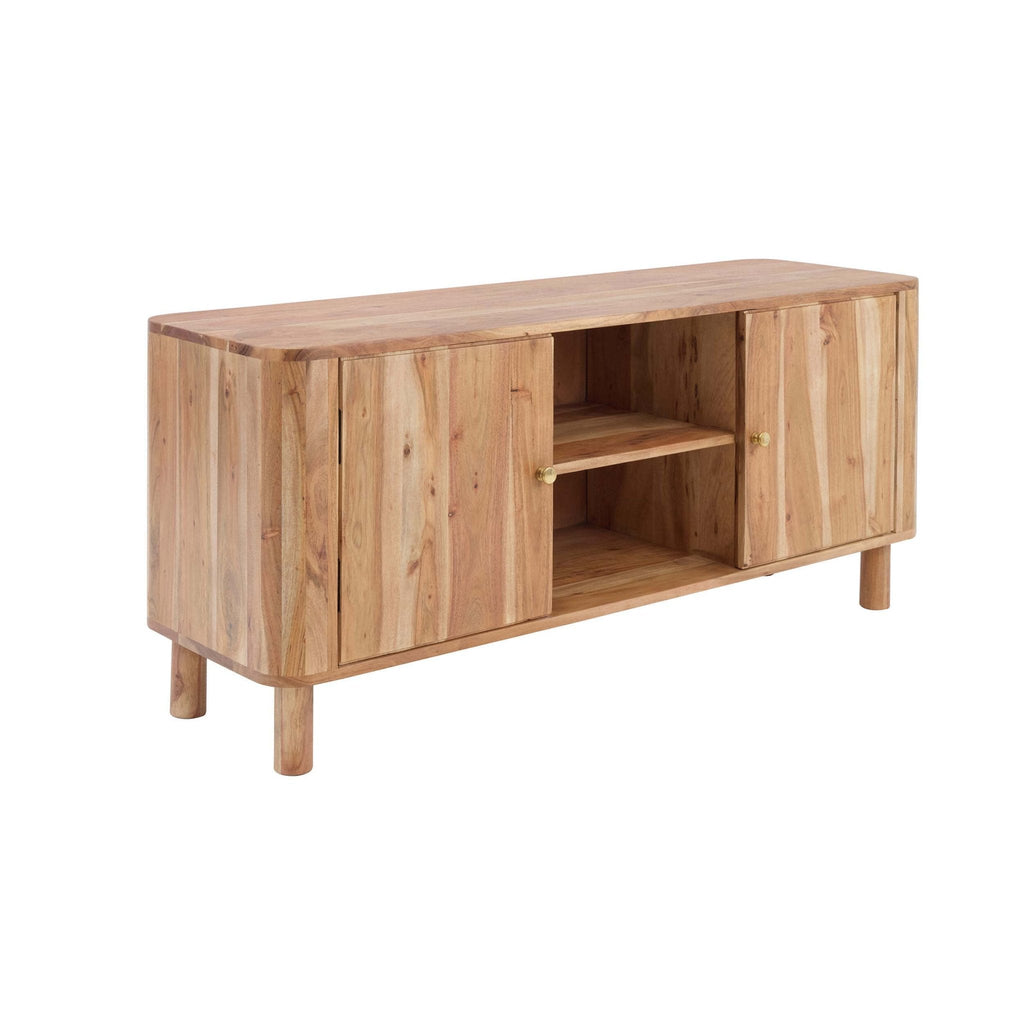 Meuble TV en bois d'acacia naturel organique avec étagères ouvertes pour téléviseurs jusqu'à 50 pouces pour salon