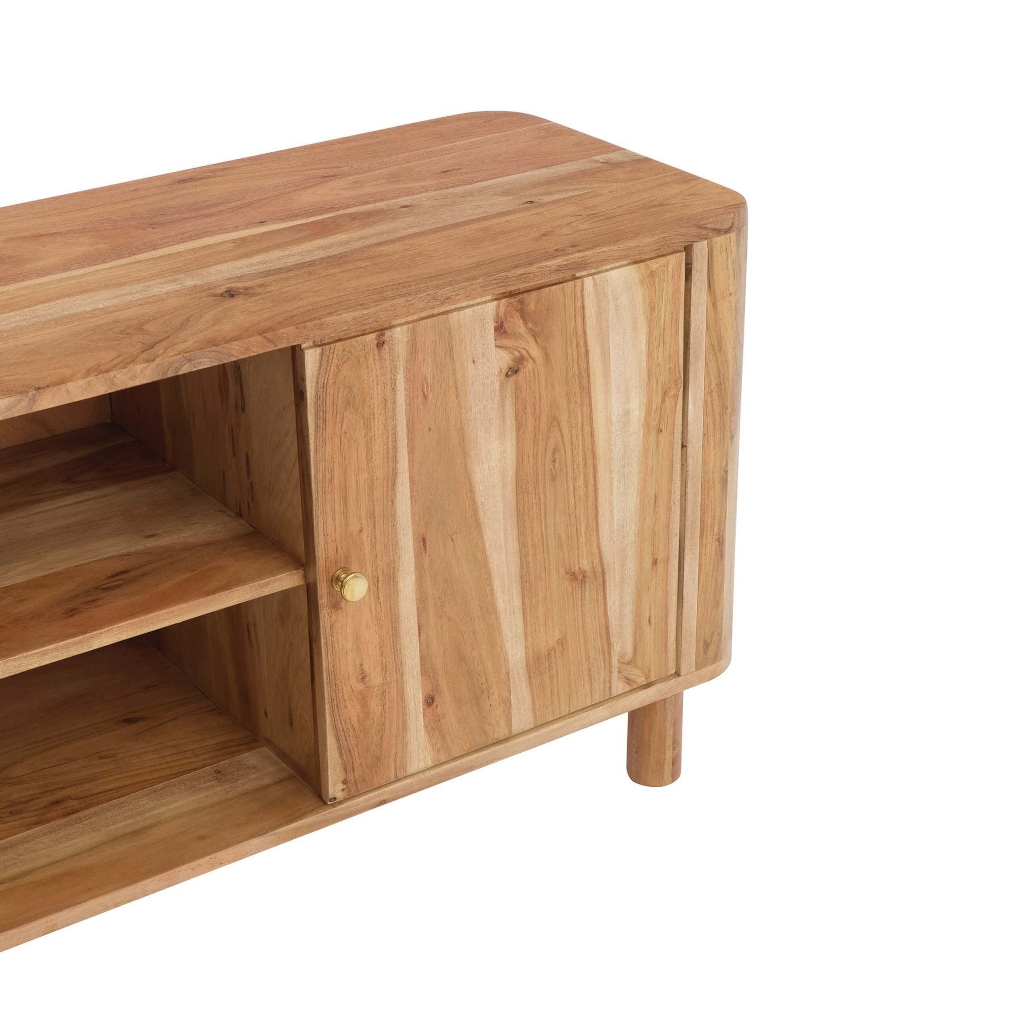 Meuble TV en bois d'acacia naturel organique avec étagères ouvertes pour téléviseurs jusqu'à 50 pouces pour salon