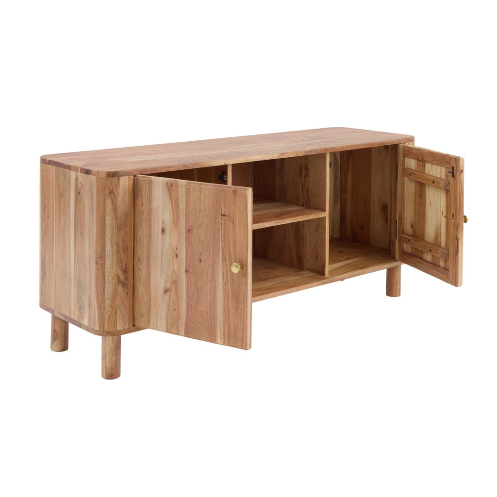 Meuble TV en bois d'acacia naturel organique avec étagères ouvertes pour téléviseurs jusqu'à 50 pouces pour salon