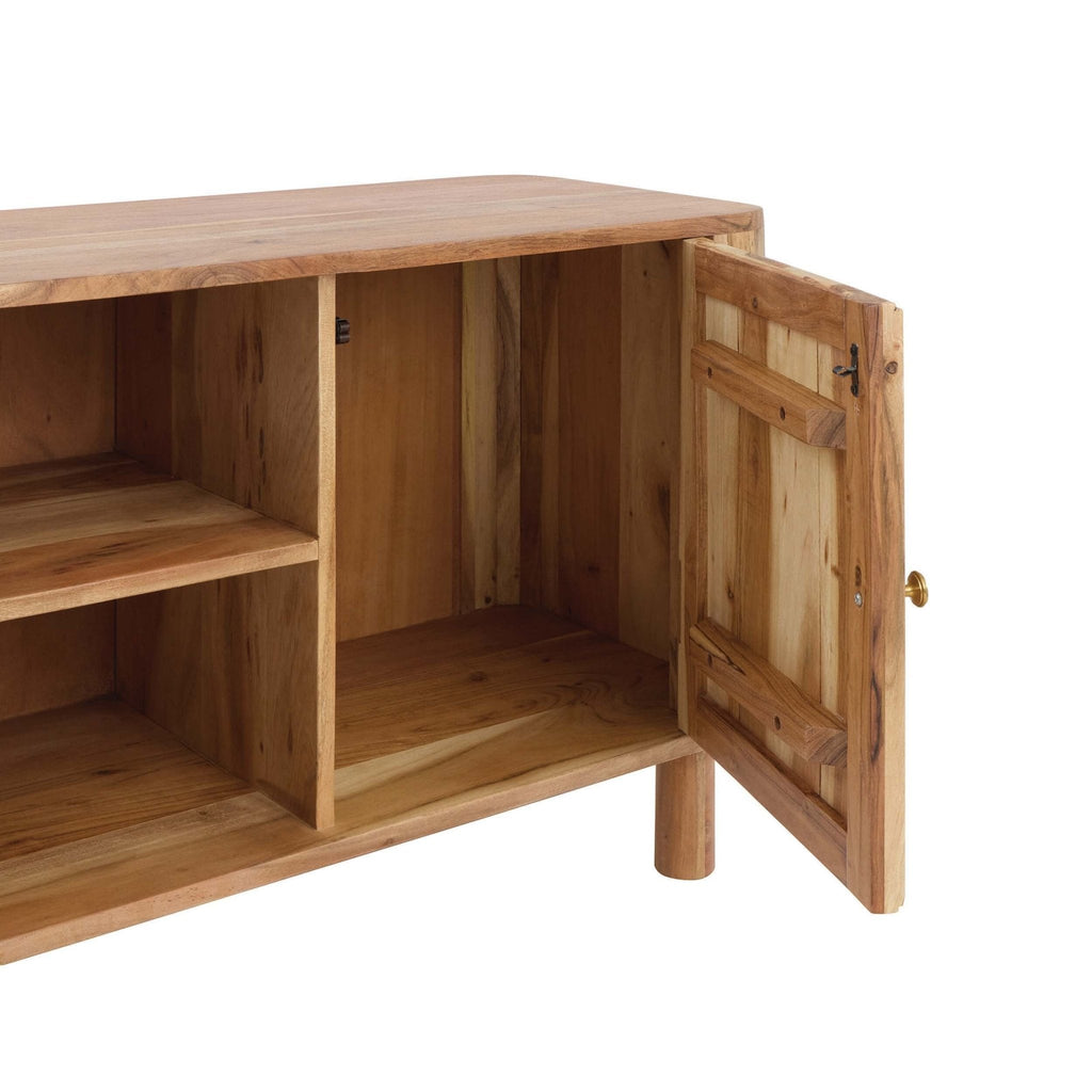 Meuble TV en bois d'acacia naturel organique avec étagères ouvertes pour téléviseurs jusqu'à 50 pouces pour salon