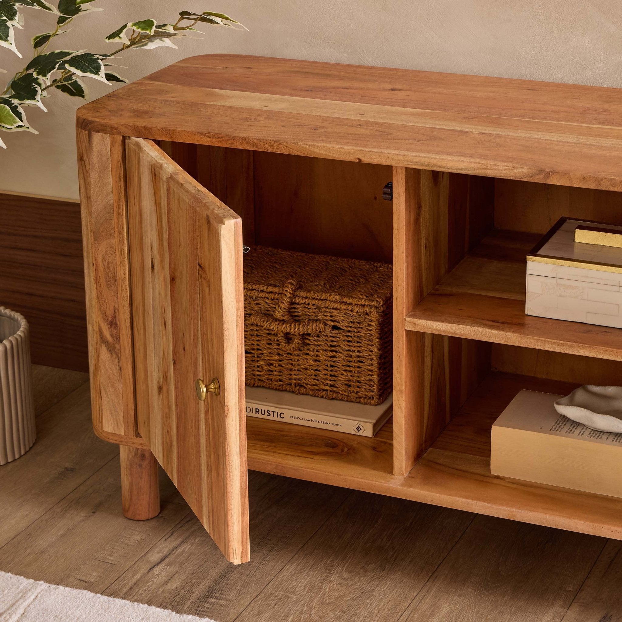 Meuble TV en bois d'acacia naturel organique avec étagères ouvertes pour téléviseurs jusqu'à 50 pouces pour salon