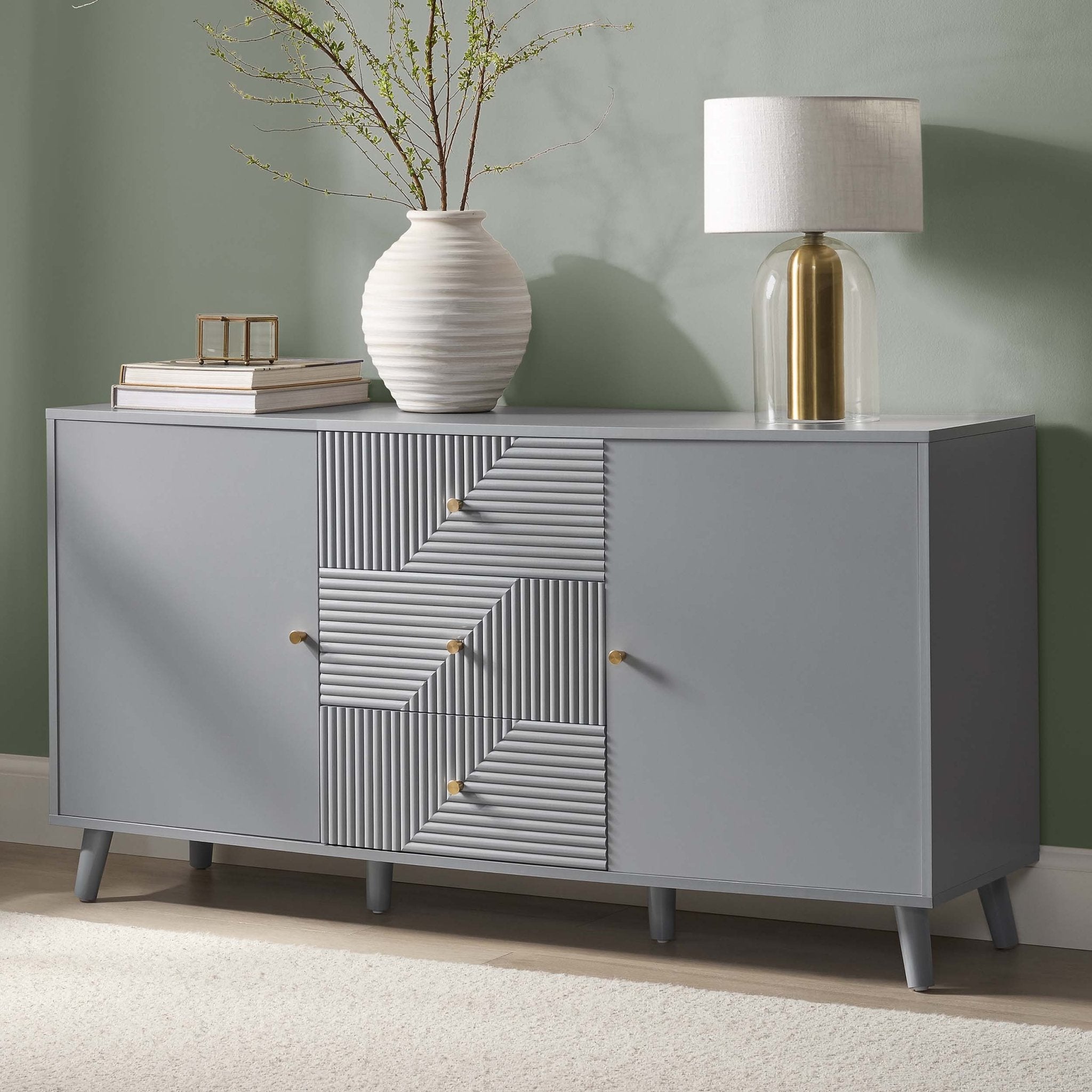 Buffet gris clair minimaliste avec tiroirs pour salon