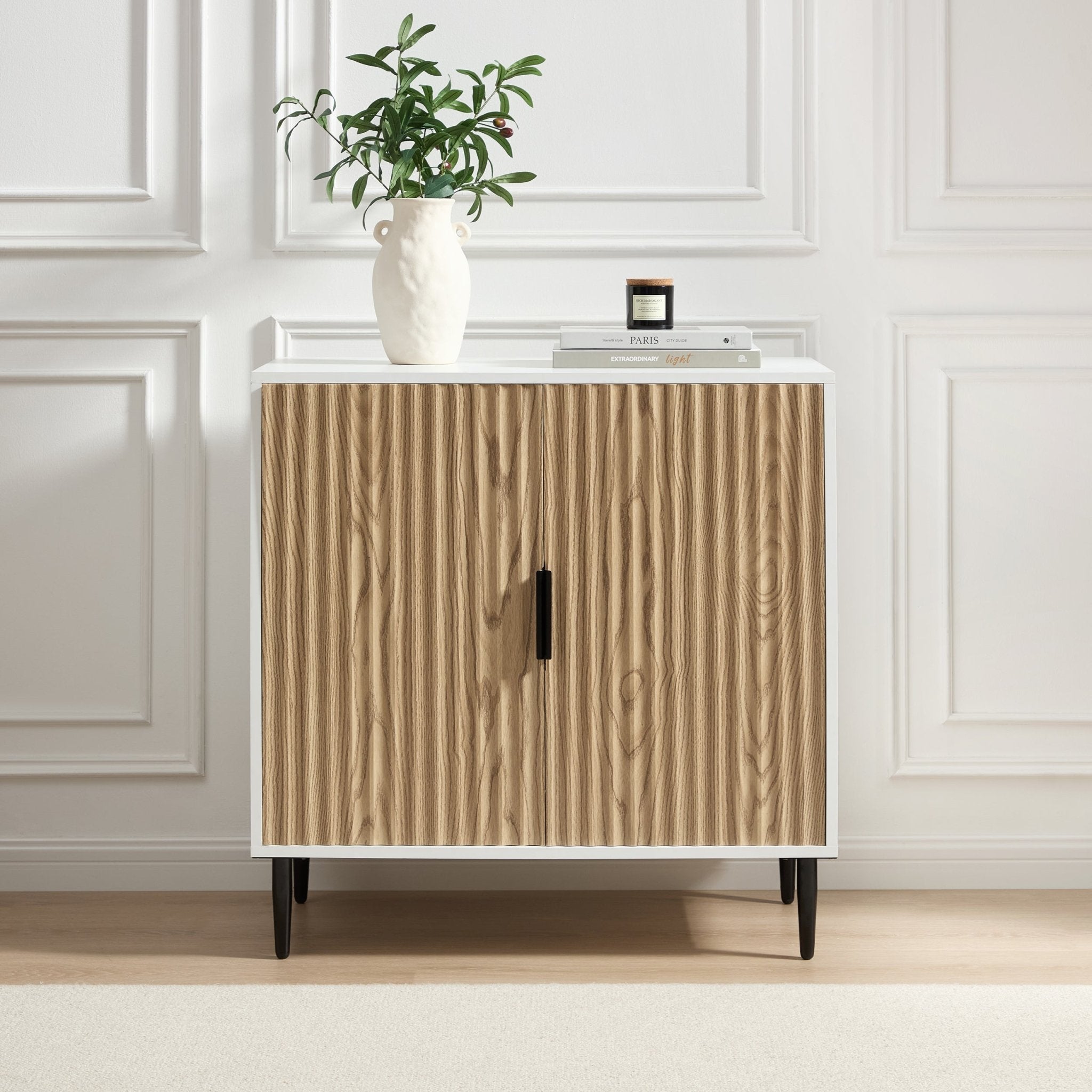 Buffet compact contemporain blanc effet bois avec accents dorés pour salon