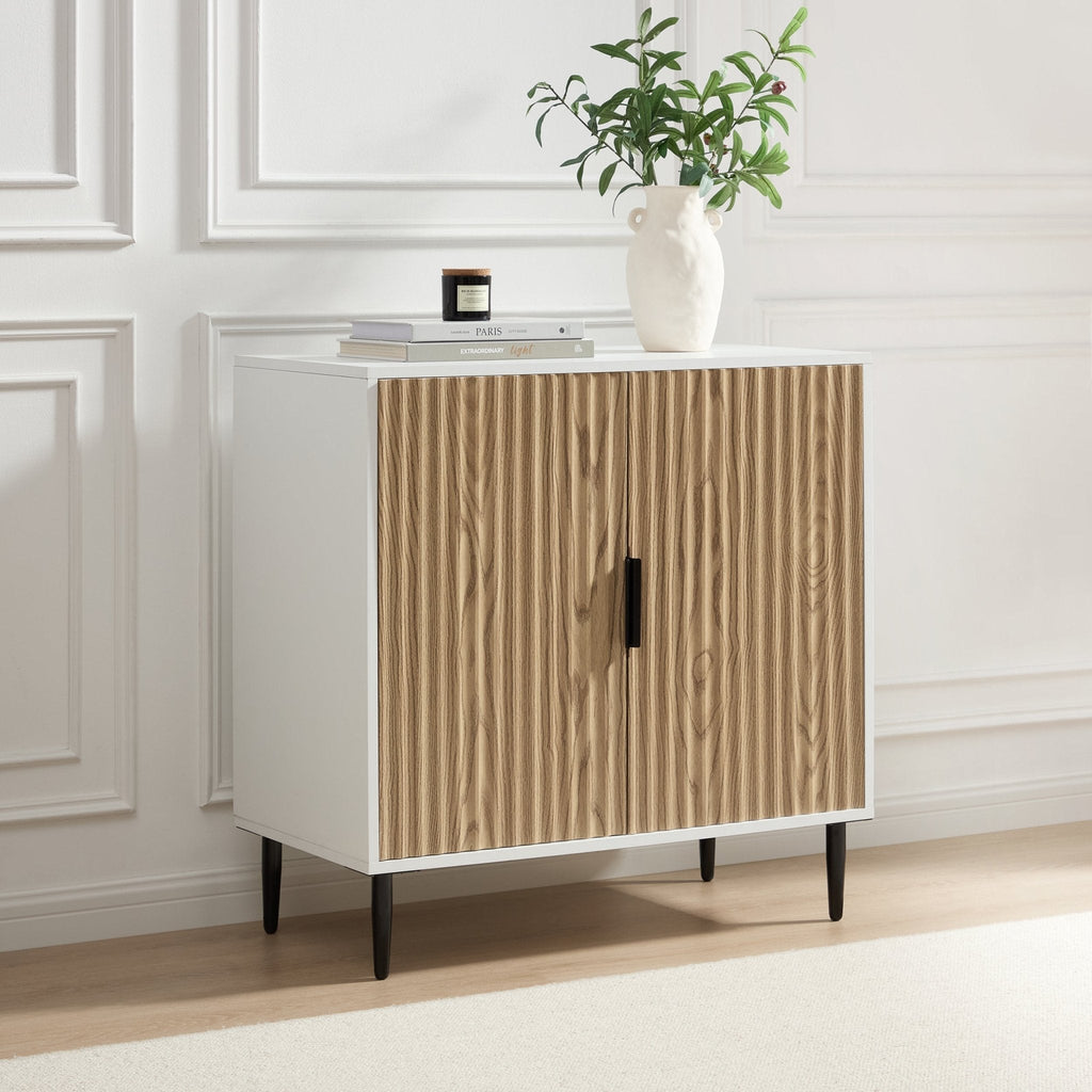 Buffet compact contemporain blanc effet bois avec accents dorés pour salon