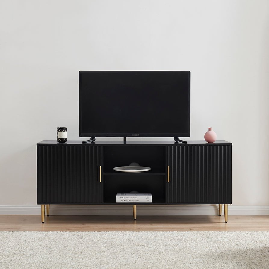 Meuble TV moderne noir avec accents dorés pour téléviseurs jusqu'à 65 pouces pour salon