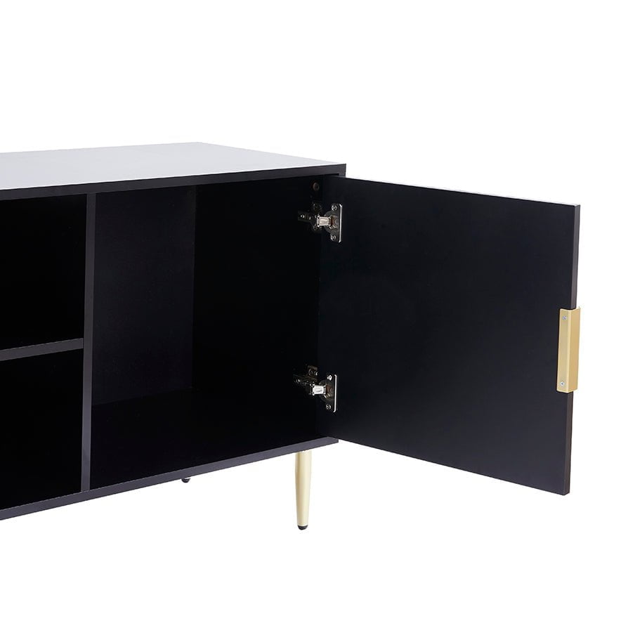 Meuble TV moderne noir avec accents dorés pour téléviseurs jusqu'à 65 pouces pour salon