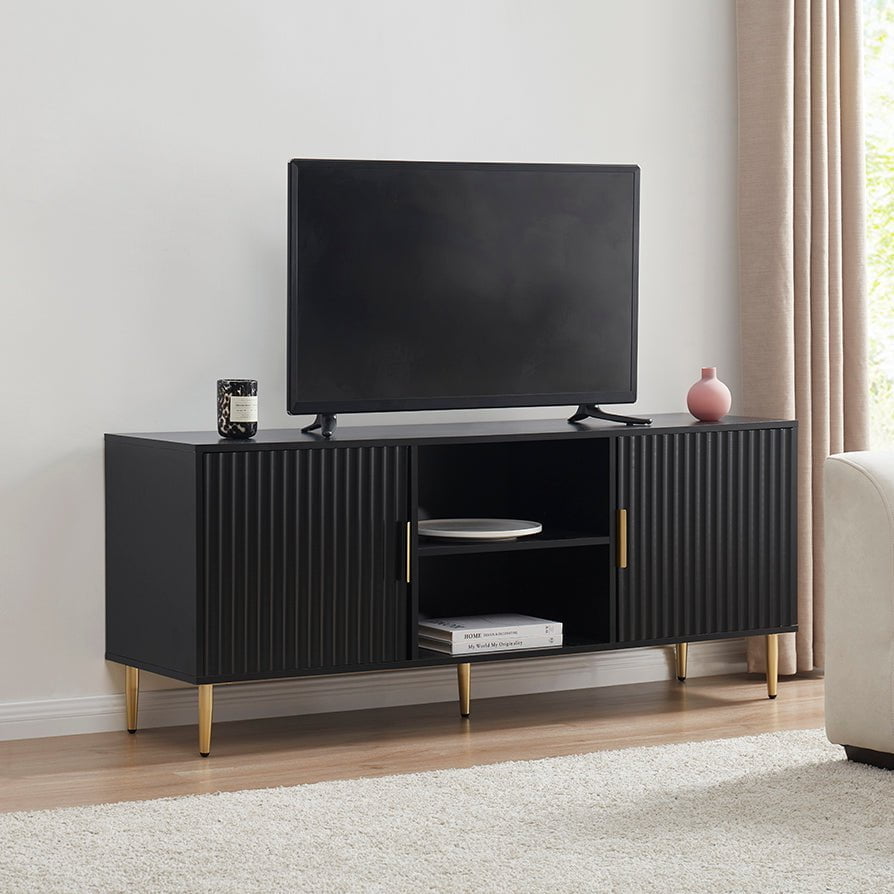 Meuble TV moderne noir avec accents dorés pour téléviseurs jusqu'à 65 pouces pour salon