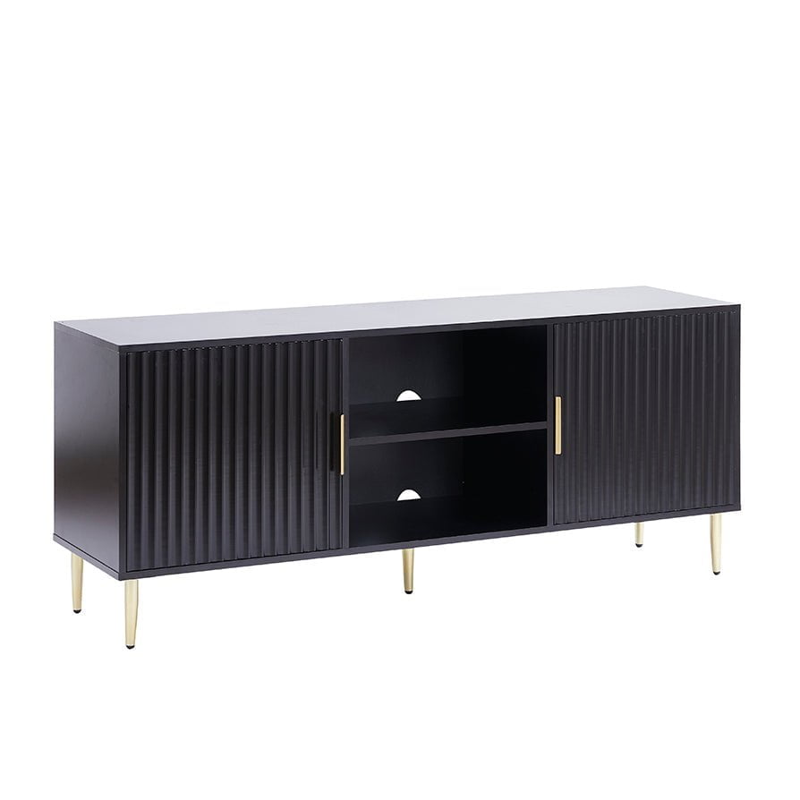 Meuble TV moderne noir avec accents dorés pour téléviseurs jusqu'à 65 pouces pour salon