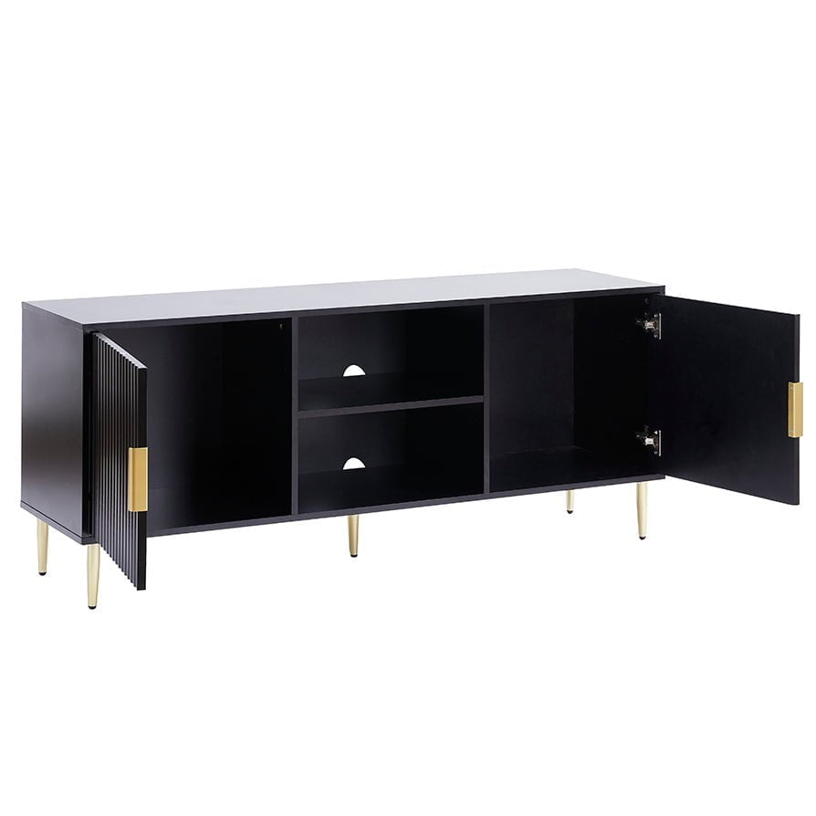 Meuble TV moderne noir avec accents dorés pour téléviseurs jusqu'à 65 pouces pour salon