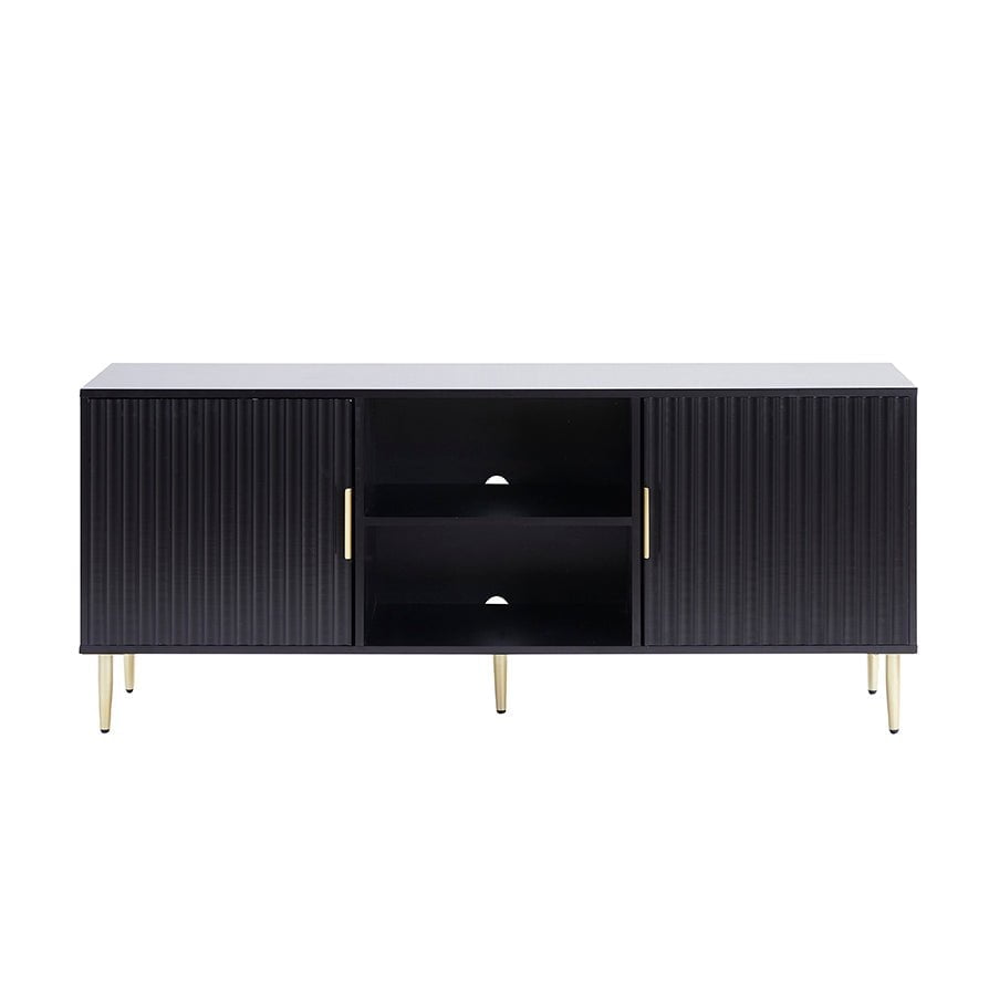 Meuble TV moderne noir avec accents dorés pour téléviseurs jusqu'à 65 pouces pour salon