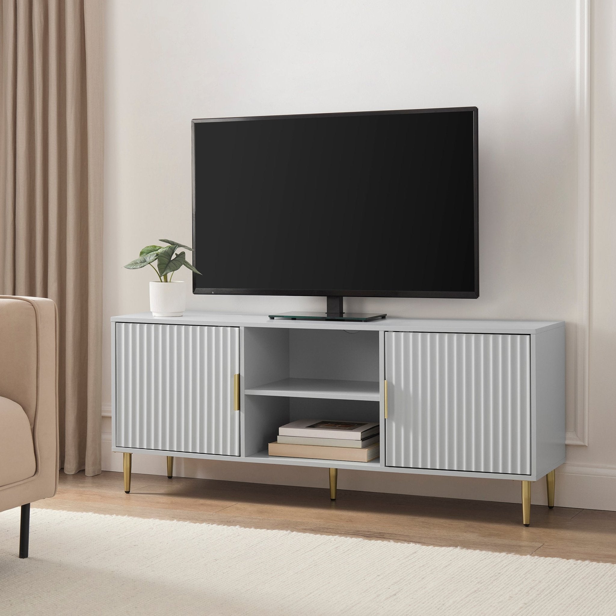 Meuble TV moderne gris peint avec accents dorés pour téléviseurs jusqu'à 65 pouces pour le salon