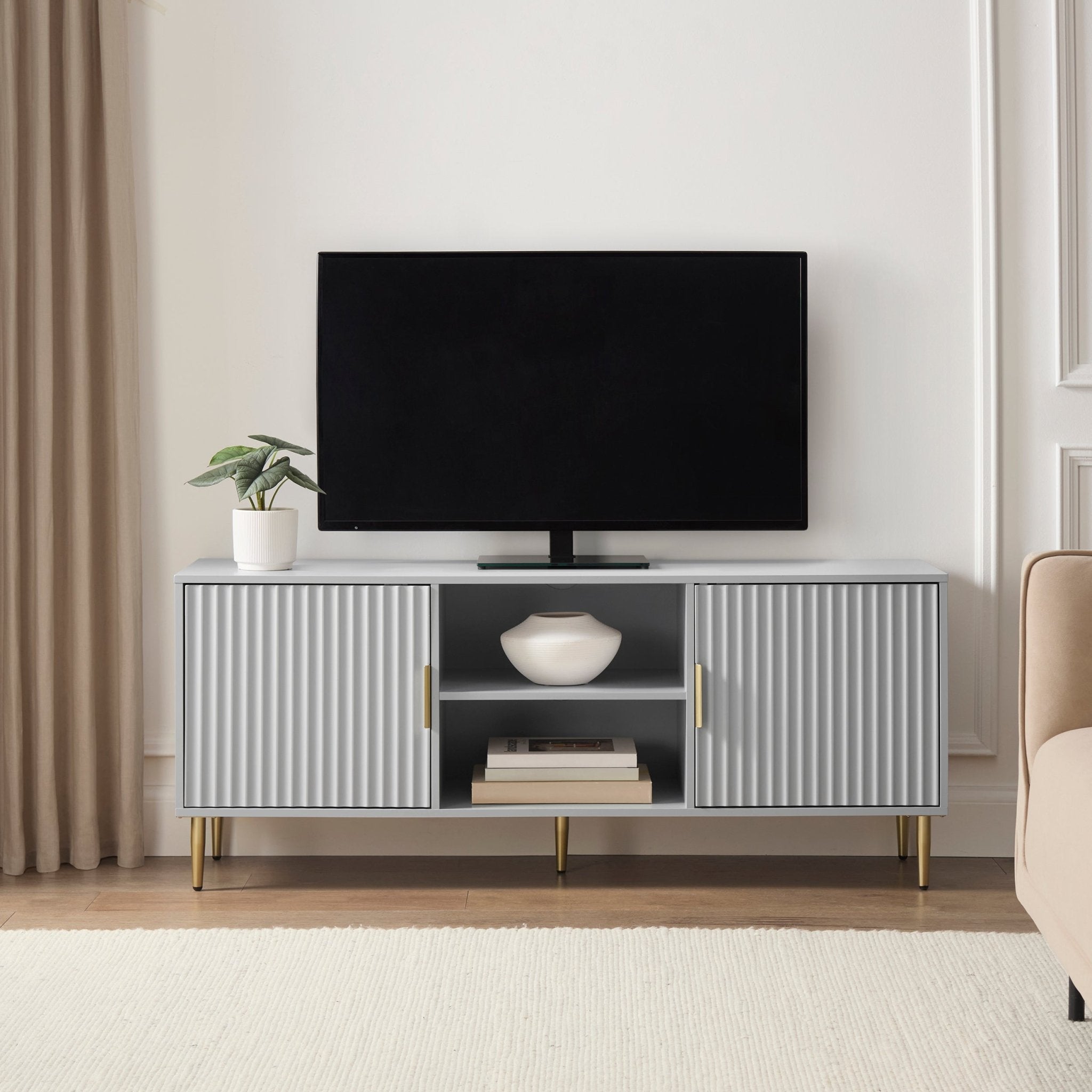 Meuble TV moderne gris peint avec accents dorés pour téléviseurs jusqu'à 65 pouces pour le salon