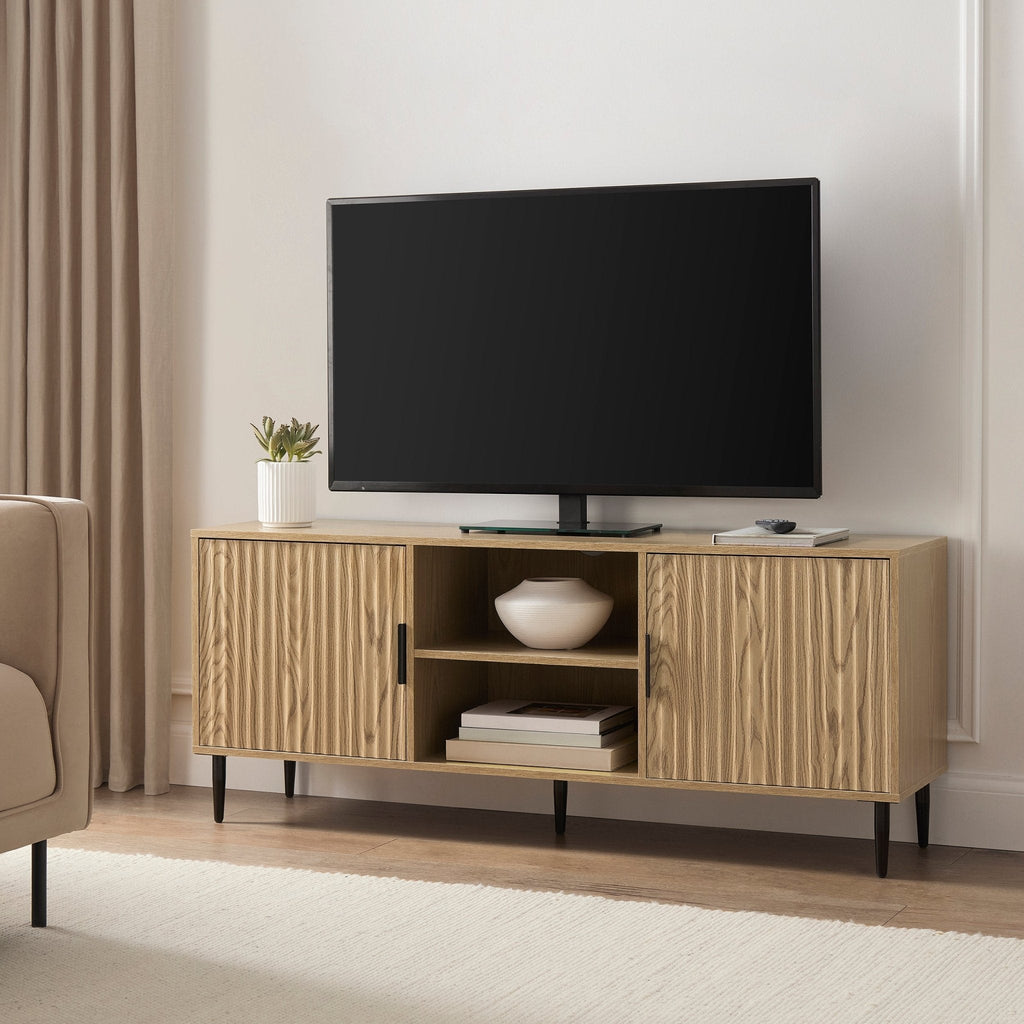 Meuble TV moderne effet bois avec accents dorés pour téléviseurs jusqu'à 65 pouces pour le salon