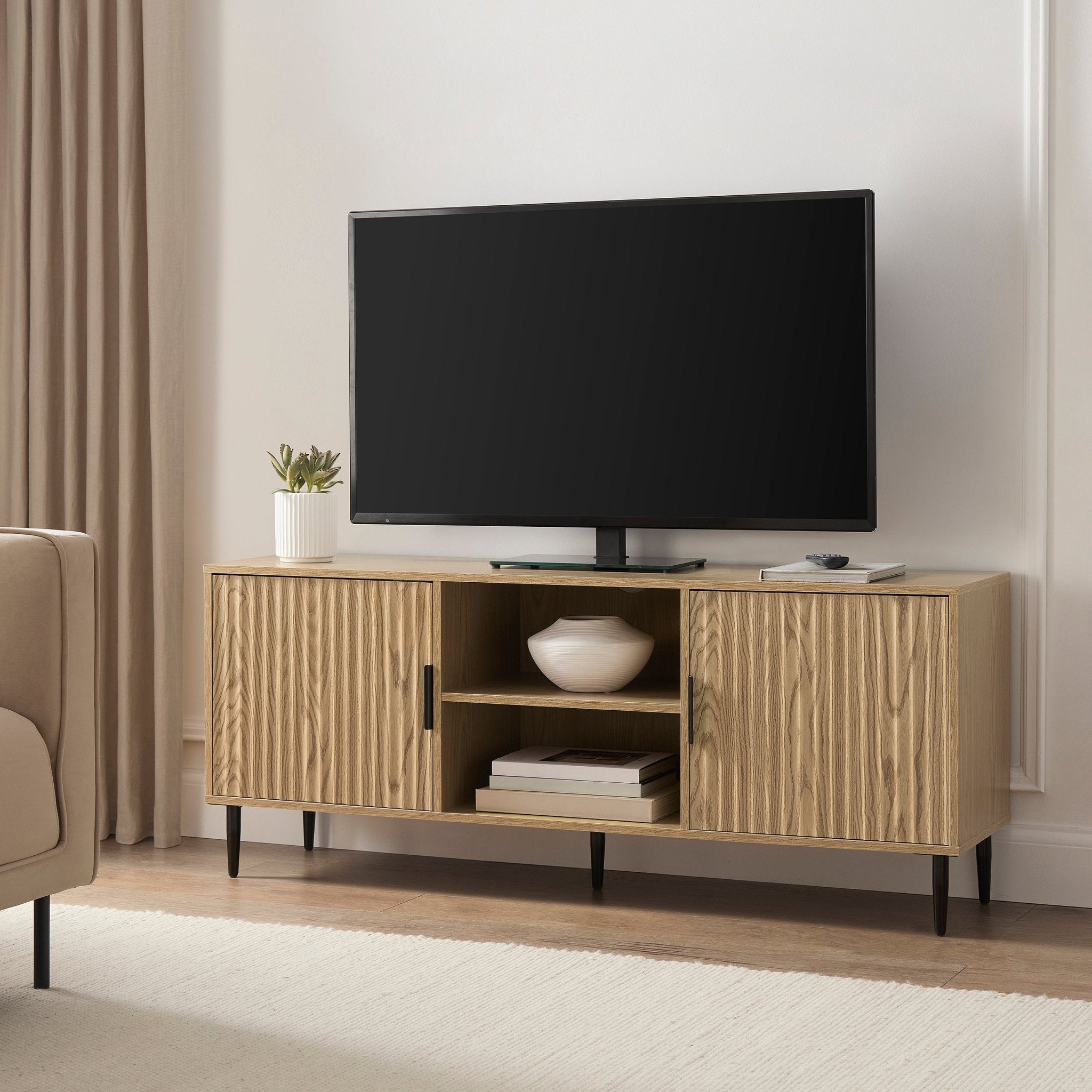 Meuble TV moderne effet bois avec accents dorés pour téléviseurs jusqu'à 65 pouces pour le salon