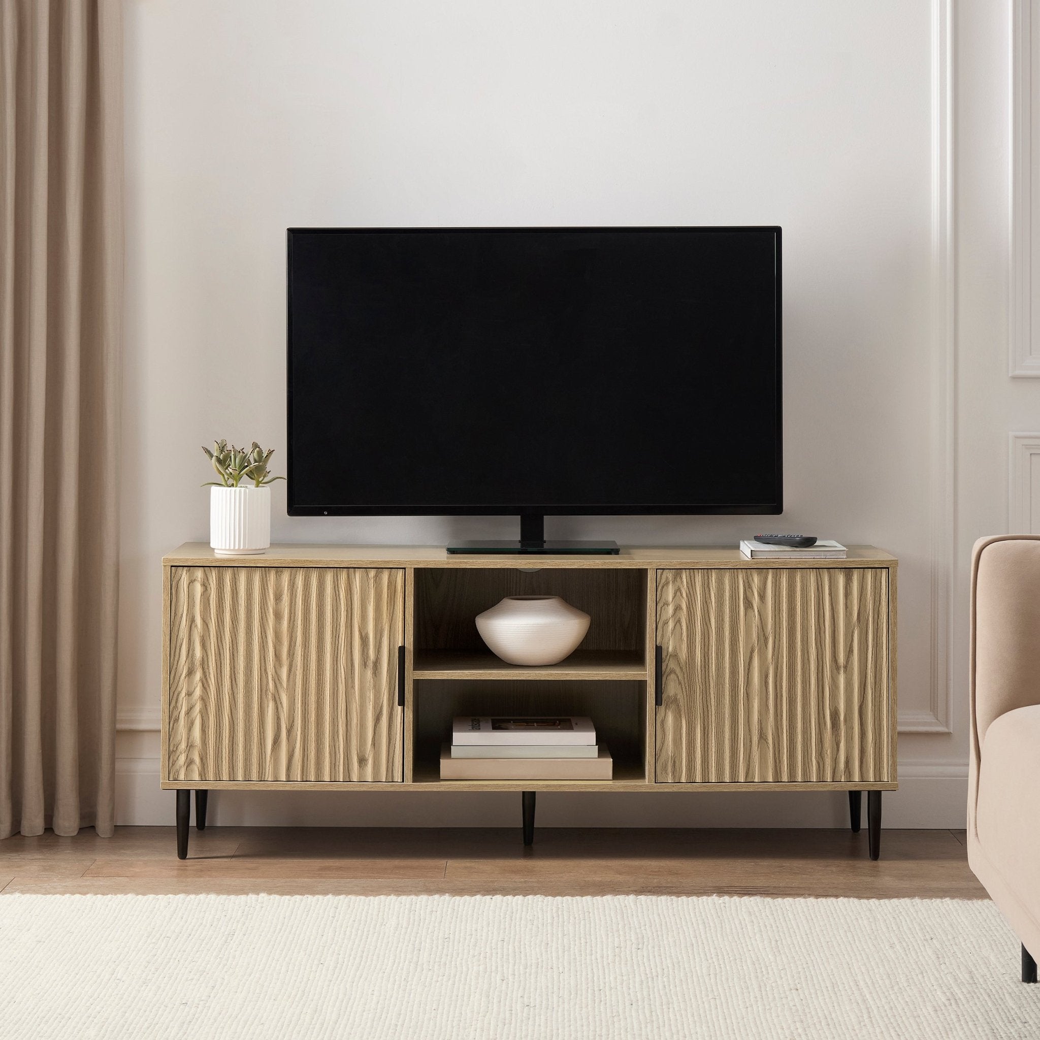 Meuble TV moderne effet bois avec accents dorés pour téléviseurs jusqu'à 65 pouces pour le salon