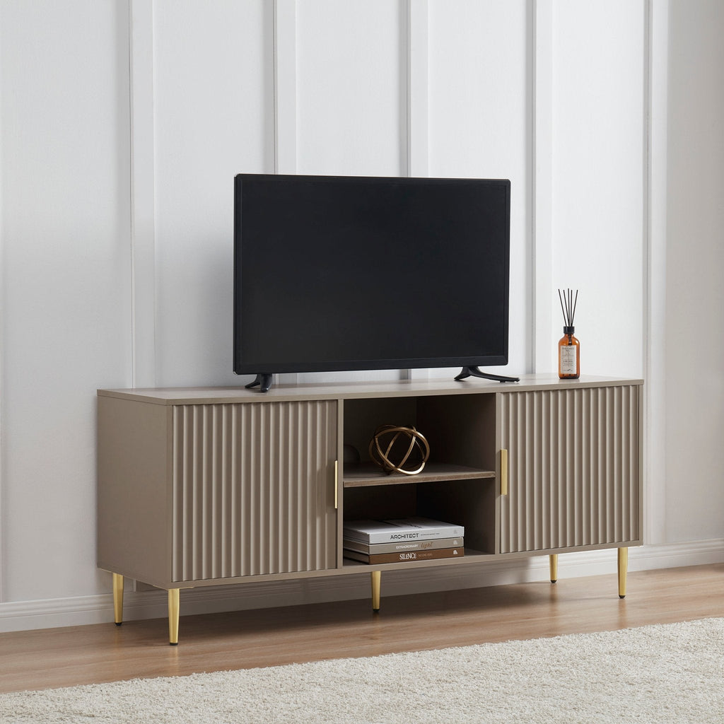 Meuble TV Evie taupe moderne peint avec accents dorés pour téléviseurs jusqu'à 65 pouces pour salon