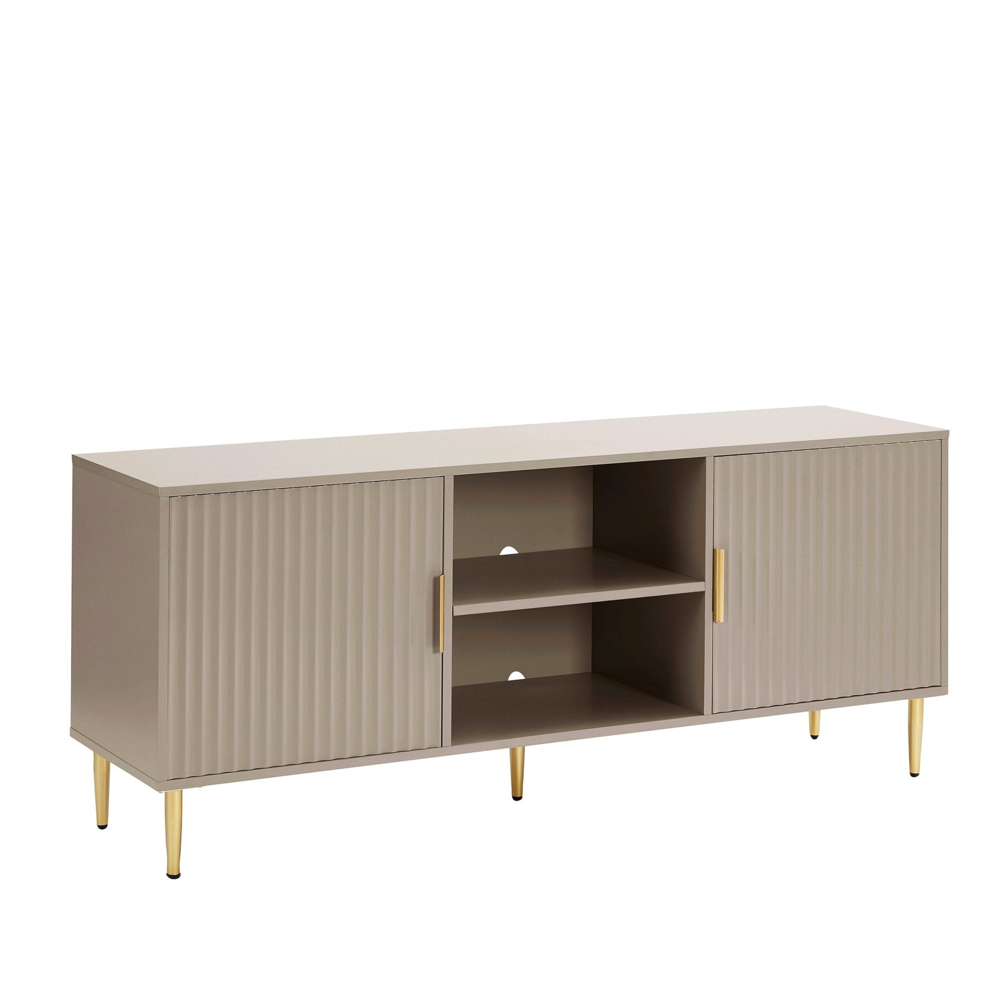 Meuble TV Evie taupe moderne peint avec accents dorés pour téléviseurs jusqu'à 65 pouces pour salon