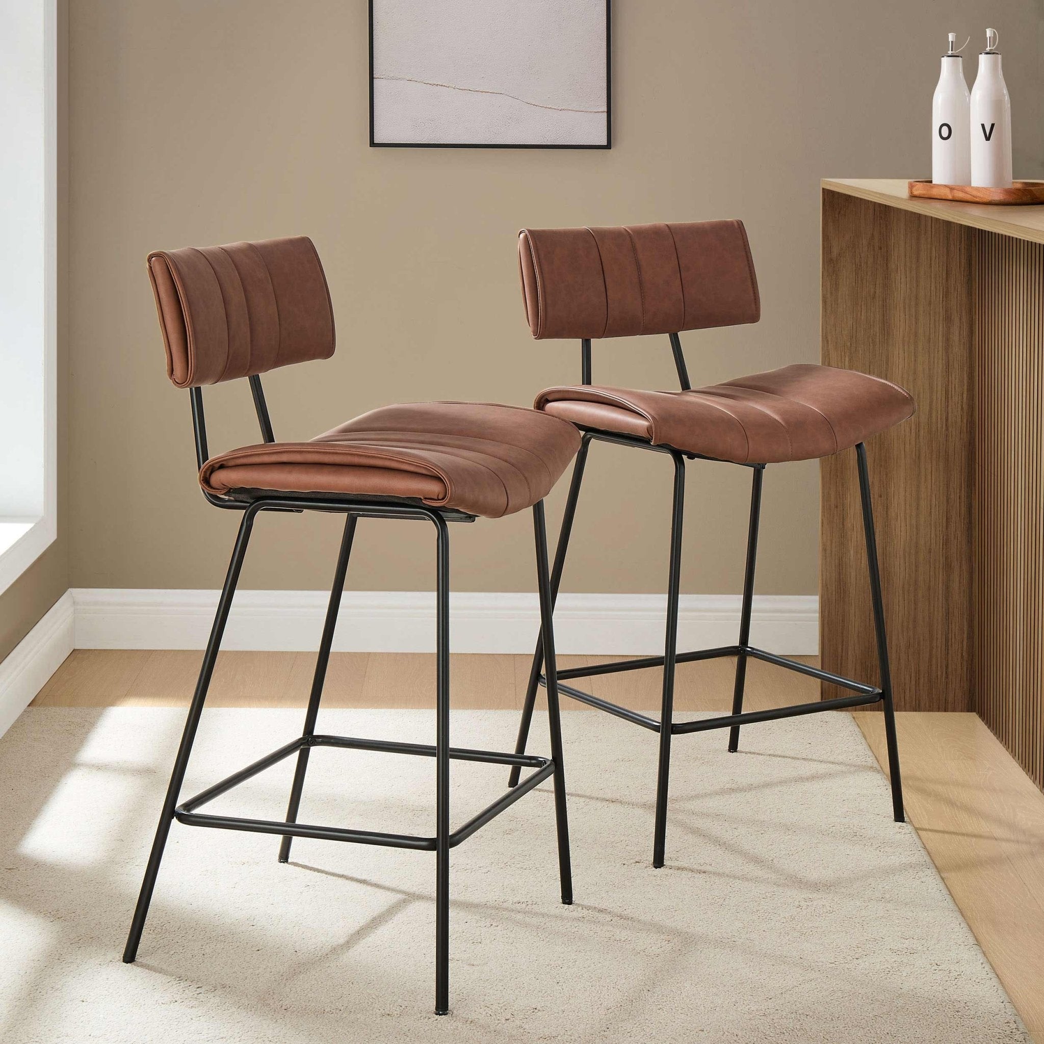 Tabouret de bar en similicuir rétro tanné avec dossier incurvé sculptural pour cuisine