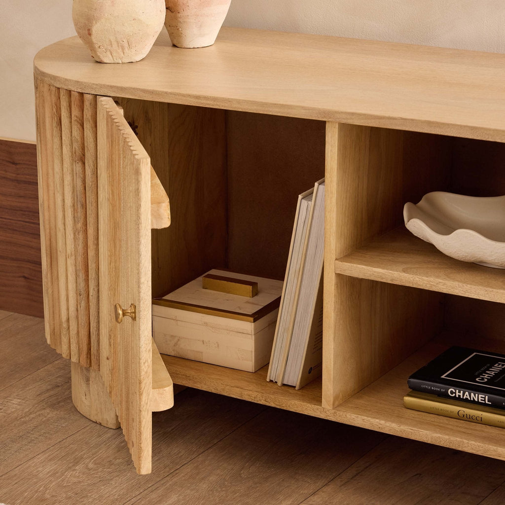 Meuble TV Luxe en bois de manguier naturel avec étagères pour téléviseurs jusqu'à 55 pouces pour salon
