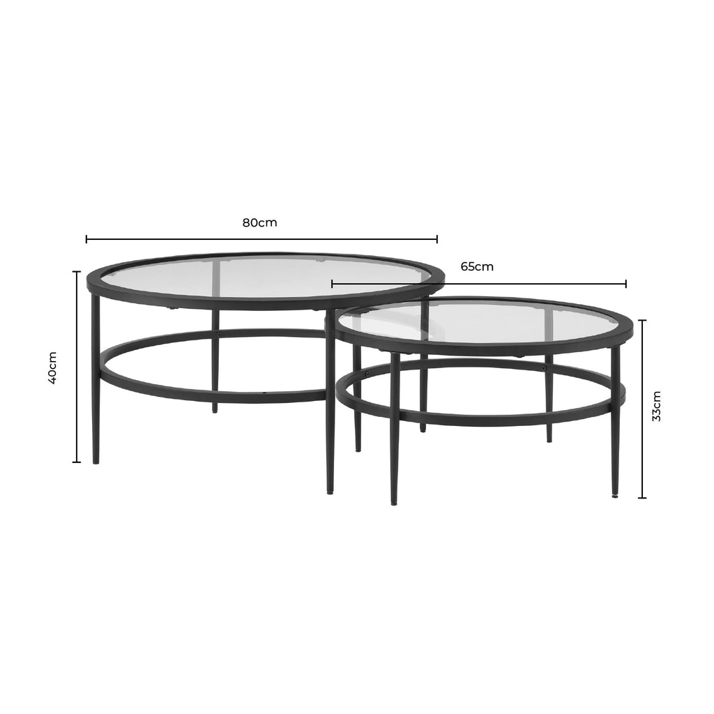 Table basse gigogne contemporaine en verre noir et métal avec design peu encombrant pour le salon