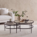 Table basse contemporaine en verre noir et métal avec design peu encombrant pour le salon