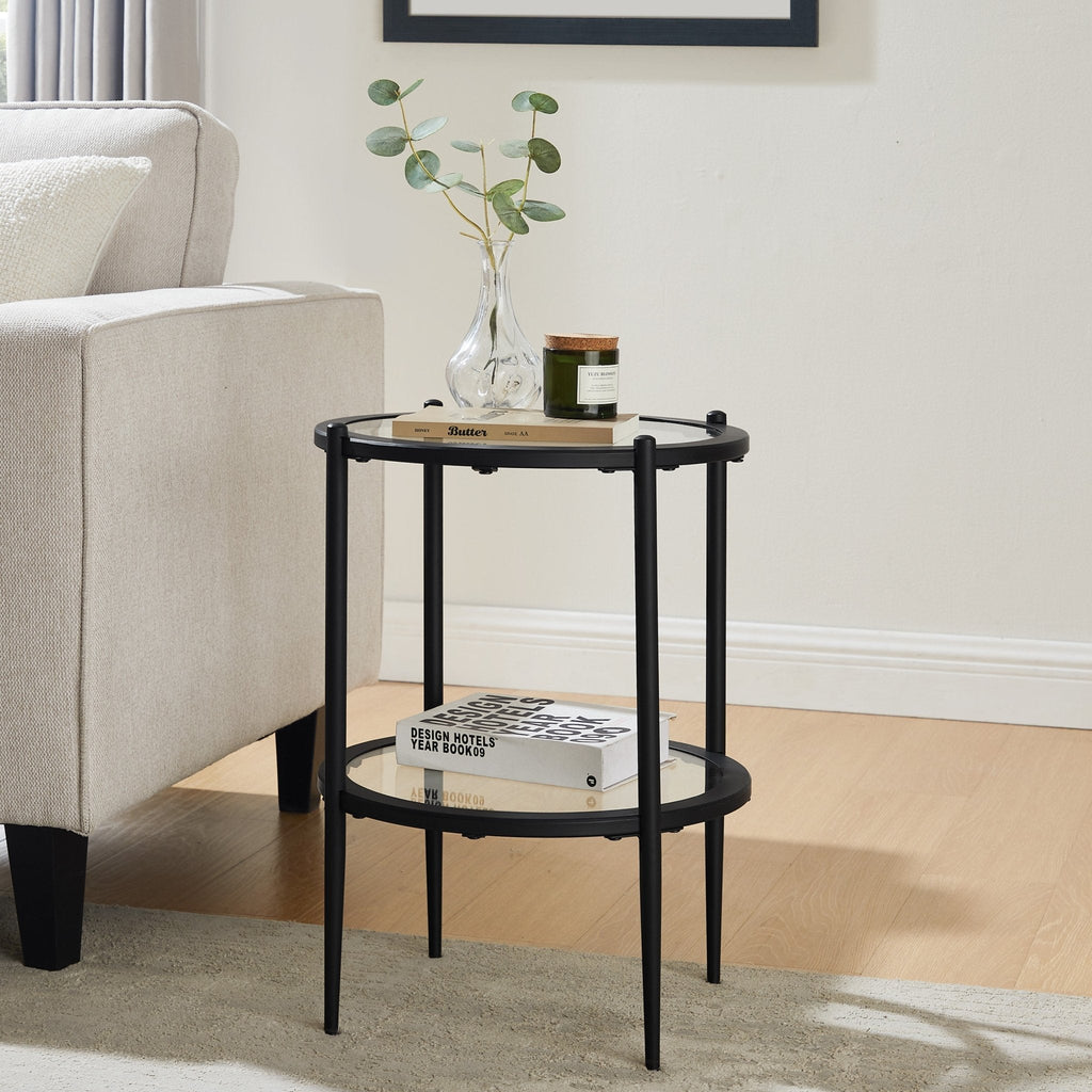 Table d'appoint contemporaine en verre noir et métal avec plateau rond pour salon