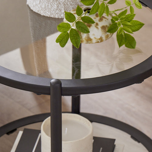 Table d'appoint contemporaine en verre noir et métal avec plateau rond pour salon