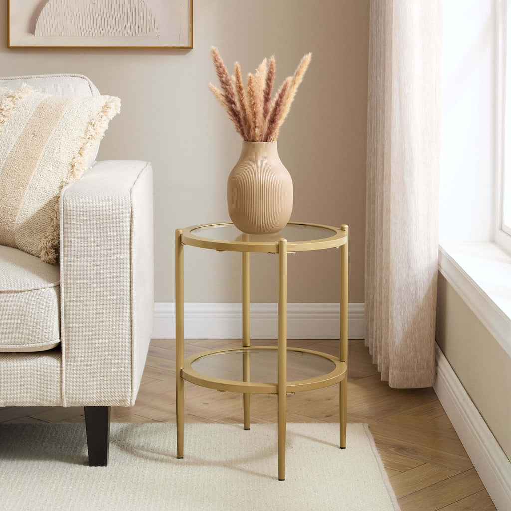 Table d'appoint de salon Luxe Gold en verre et métal avec plateau rond