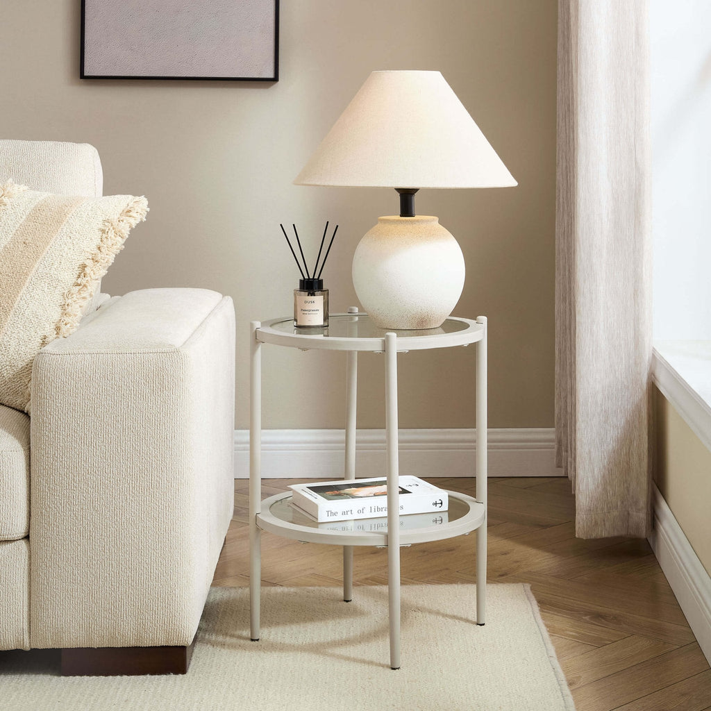 Table d'appoint minimaliste en pierre, verre et métal avec plateau rond pour salon