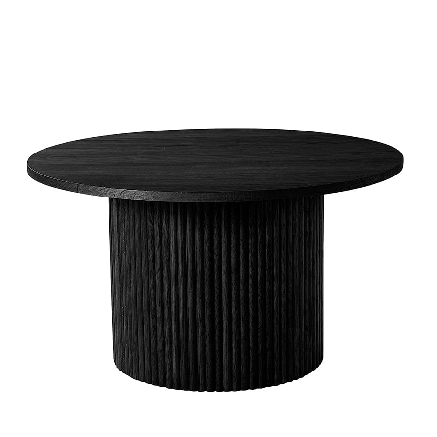 Table basse contemporaine effet bois noir avec base cylindrique à panneaux pour salon