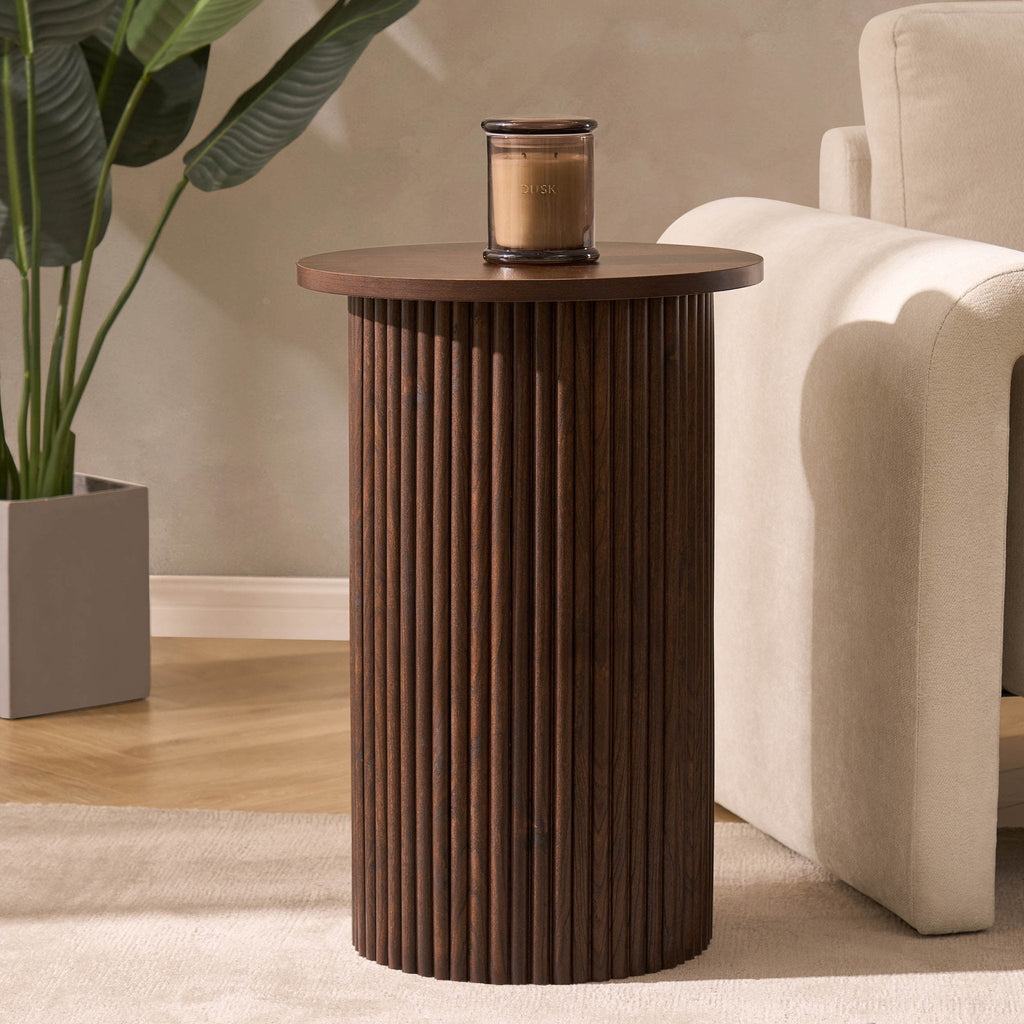 Table d'appoint contemporaine effet noyer avec base cylindrique pour salon