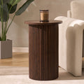Table d'appoint contemporaine effet noyer avec base cylindrique pour salon