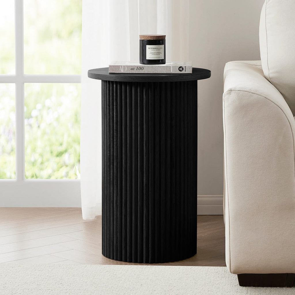 Table d'appoint contemporaine effet bois noir avec piètement cylindrique pour salon