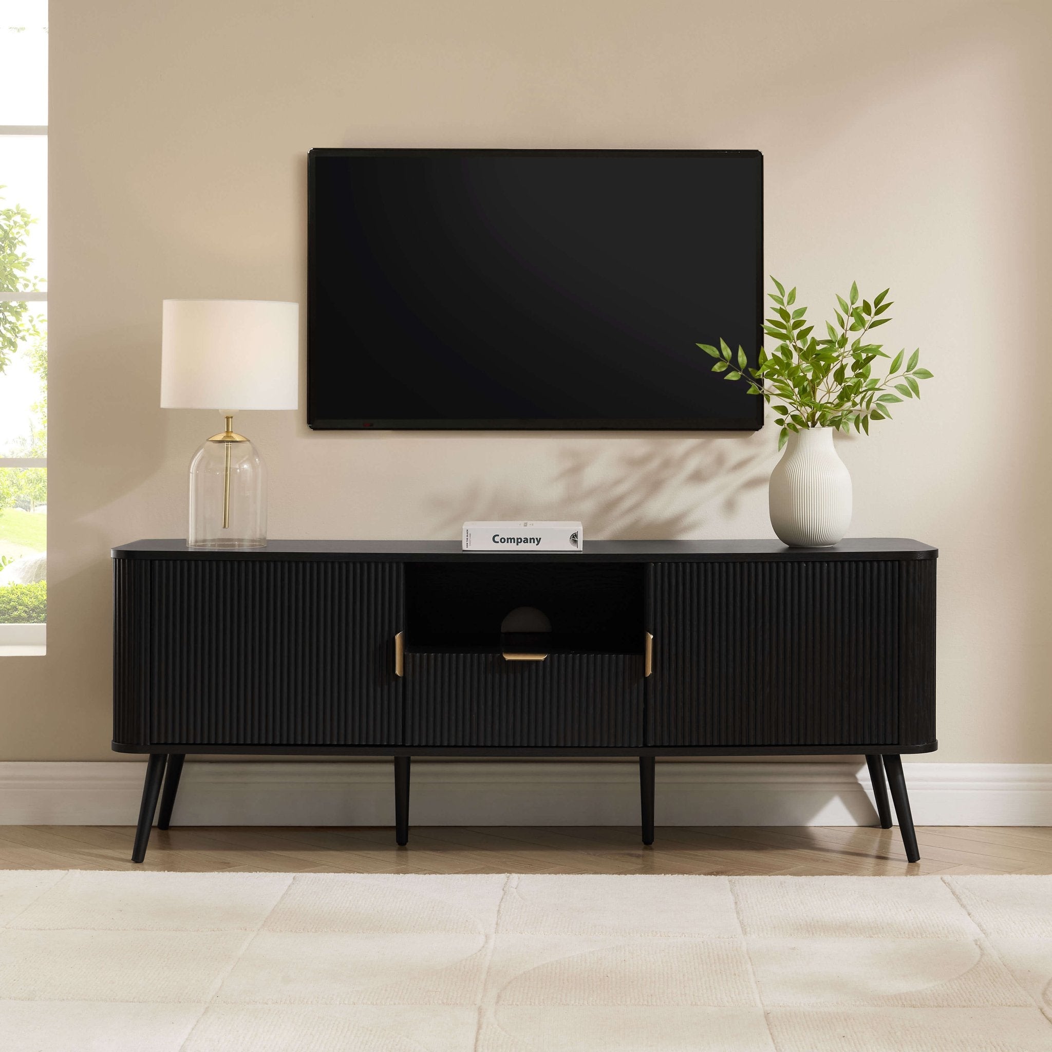 Meuble TV contemporain effet bois noir avec design à panneaux pour téléviseurs jusqu'à 65 pouces pour salon