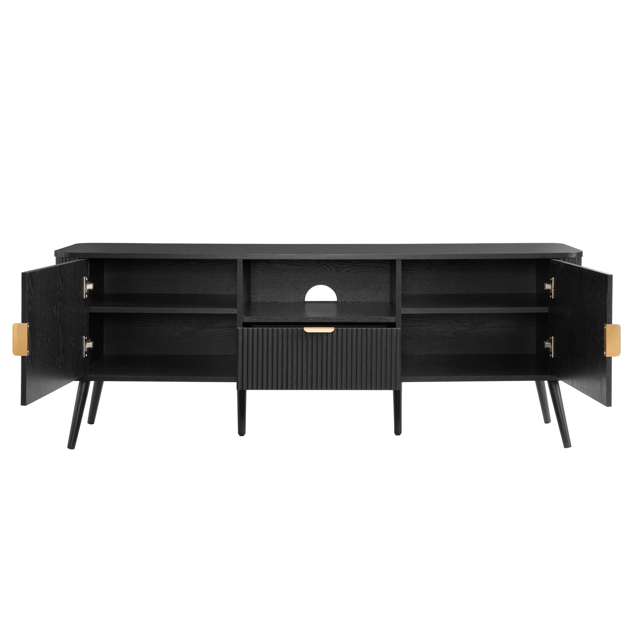 Meuble TV contemporain effet bois noir avec design à panneaux pour téléviseurs jusqu'à 65 pouces pour salon