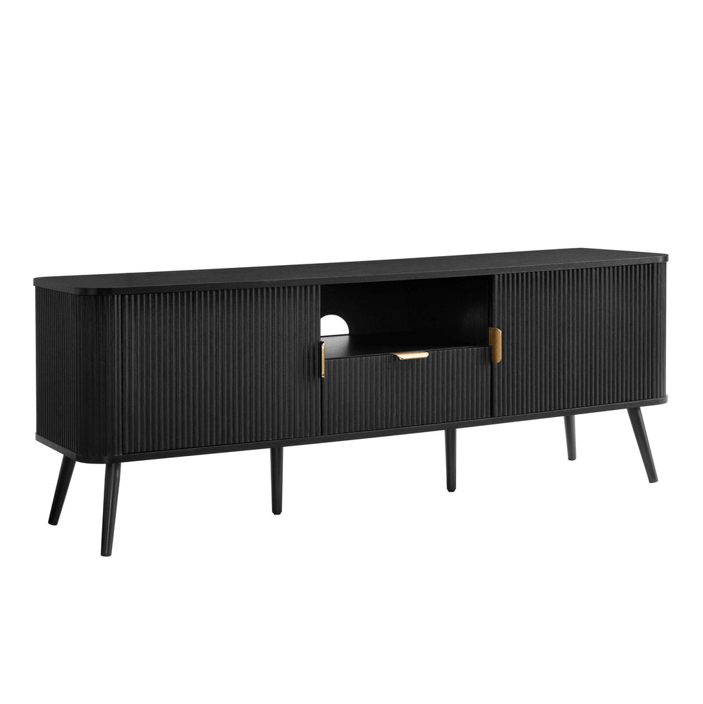 Meuble TV contemporain effet bois noir avec design à panneaux pour téléviseurs jusqu'à 65 pouces pour salon