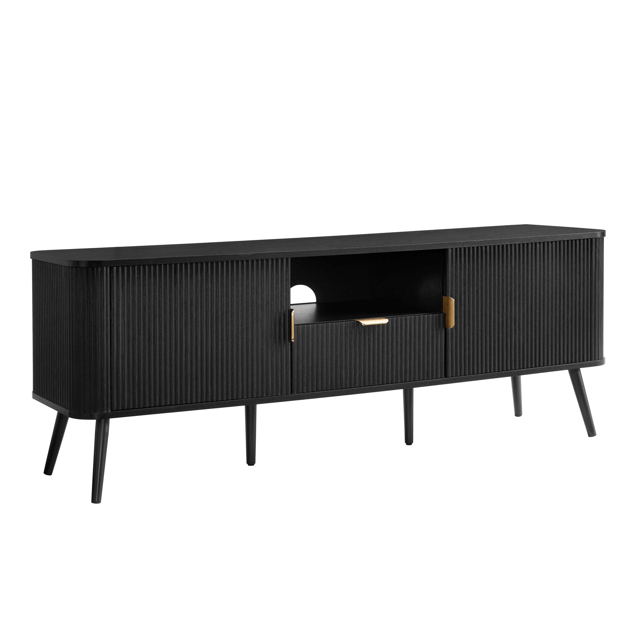 Meuble TV contemporain effet bois noir avec design à panneaux pour téléviseurs jusqu'à 65 pouces pour salon
