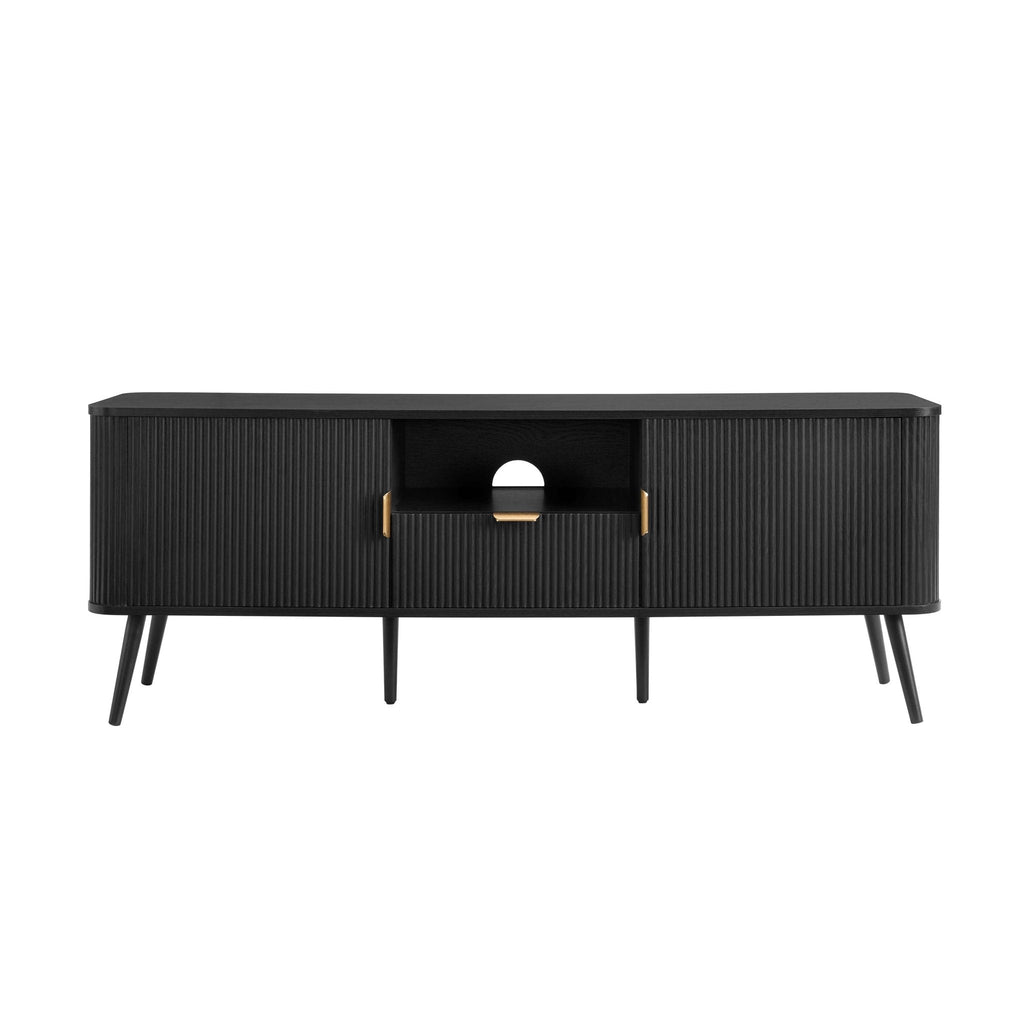 Meuble TV contemporain effet bois noir avec design à panneaux pour téléviseurs jusqu'à 65 pouces pour salon