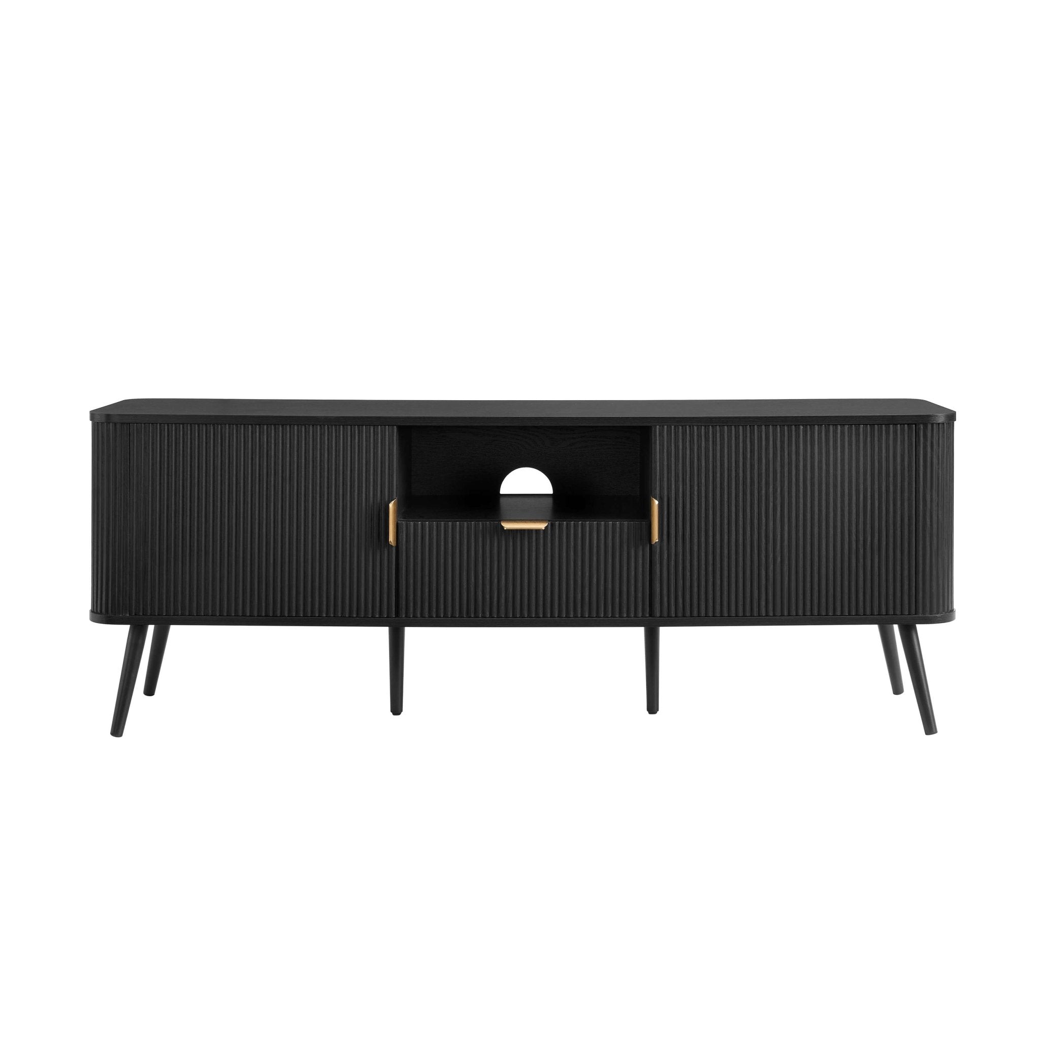 Meuble TV contemporain effet bois noir avec design à panneaux pour téléviseurs jusqu'à 65 pouces pour salon