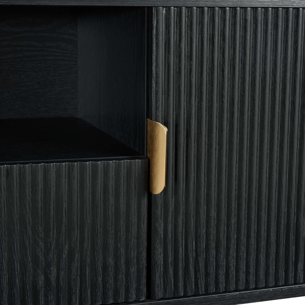 Meuble TV contemporain effet bois noir avec design à panneaux pour téléviseurs jusqu'à 65 pouces pour salon