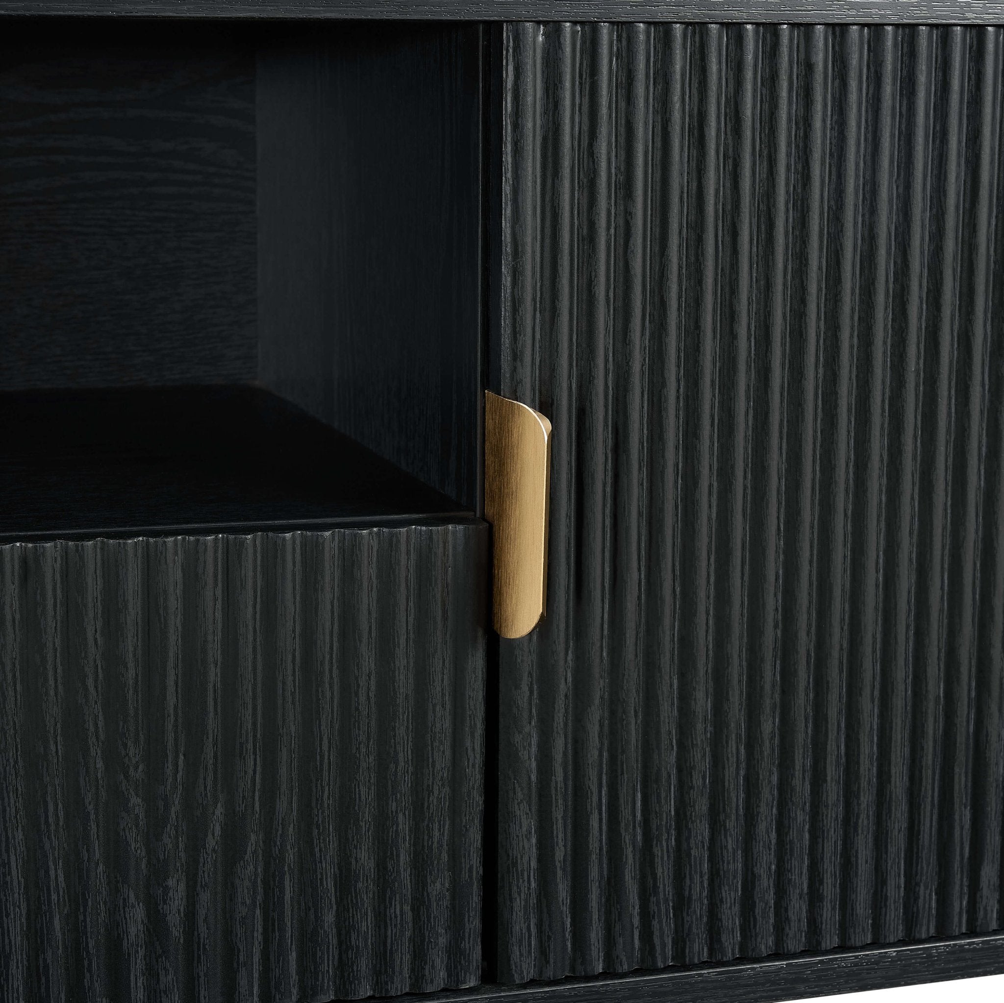 Meuble TV contemporain effet bois noir avec design à panneaux pour téléviseurs jusqu'à 65 pouces pour salon