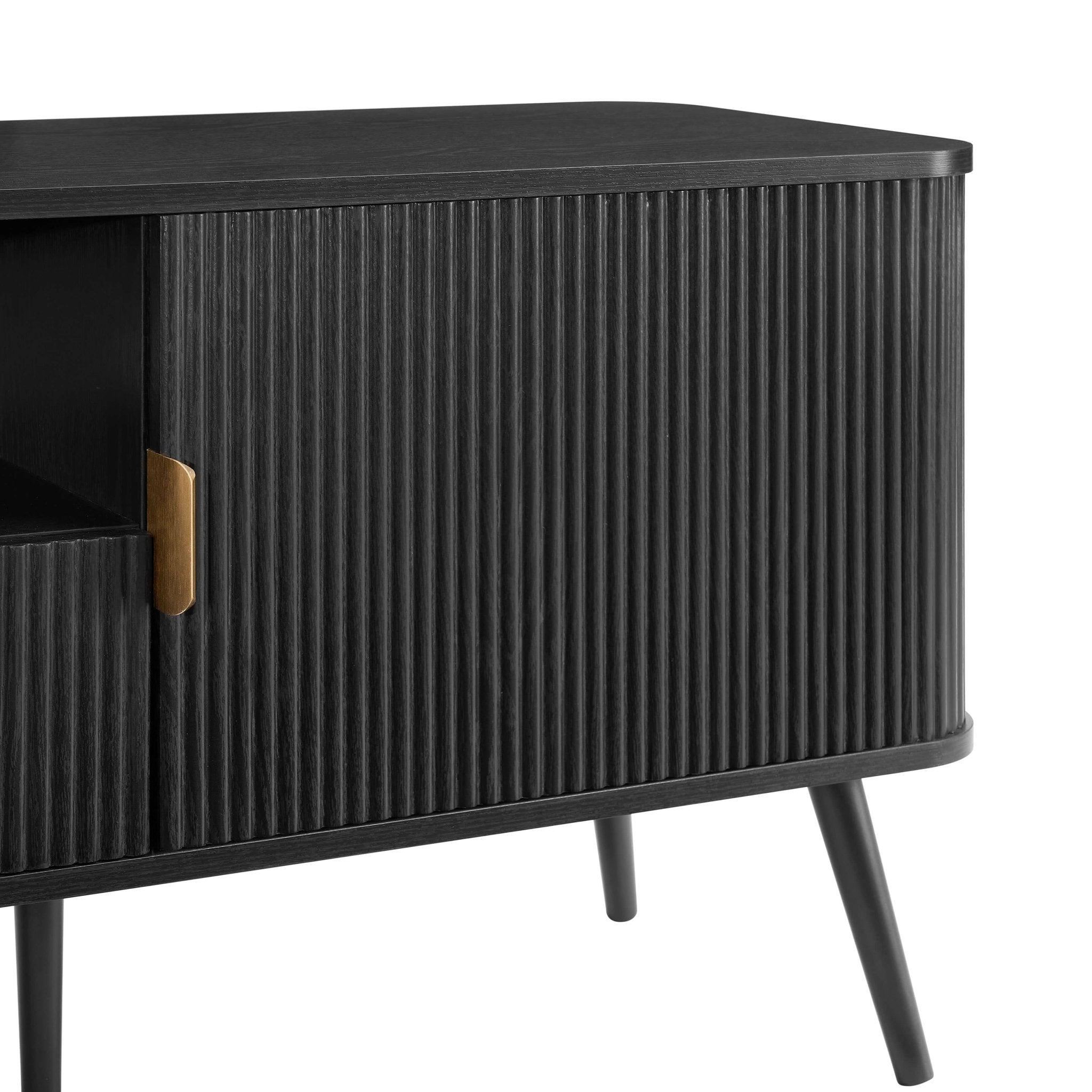 Meuble TV contemporain effet bois noir avec design à panneaux pour téléviseurs jusqu'à 65 pouces pour salon