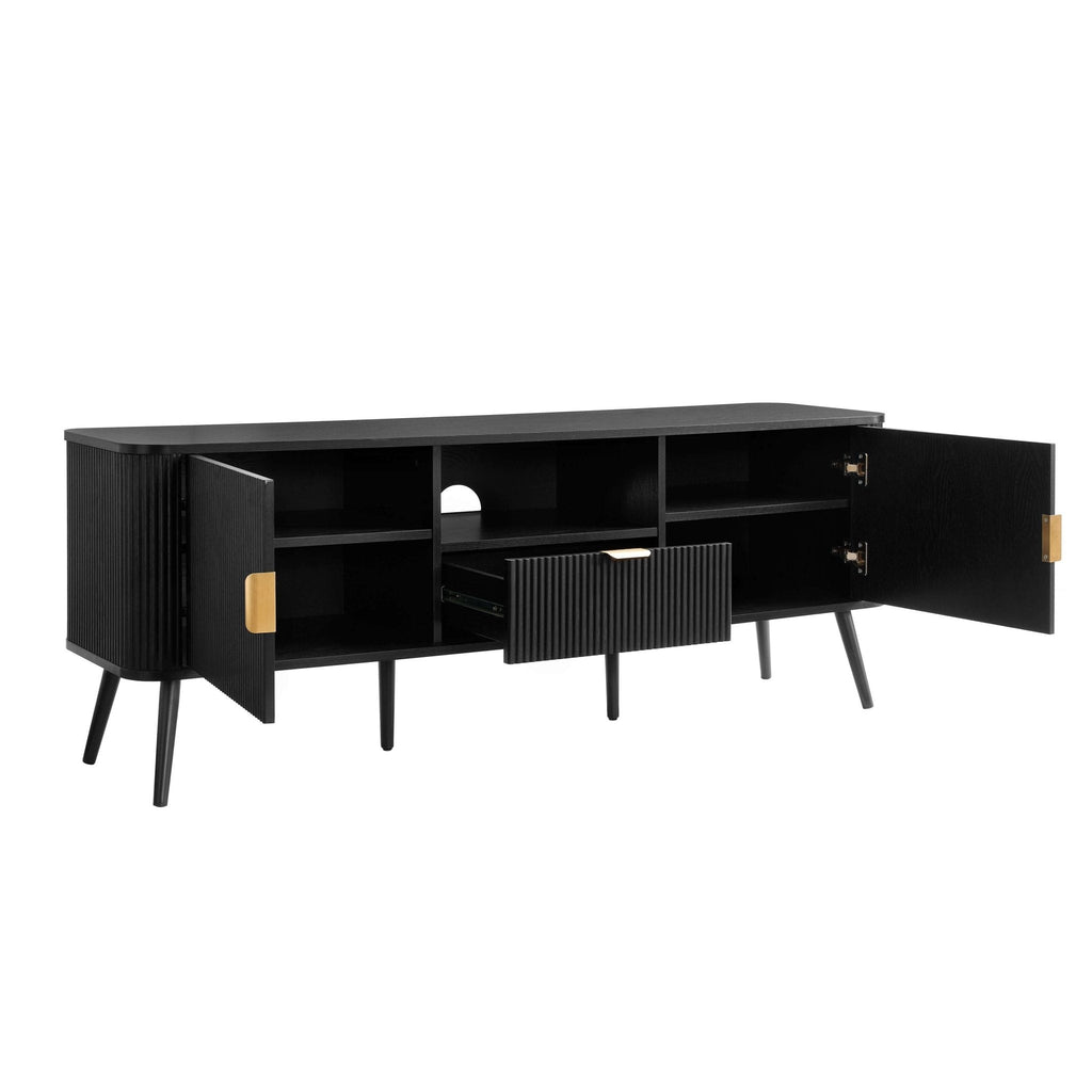 Meuble TV contemporain effet bois noir avec design à panneaux pour téléviseurs jusqu'à 65 pouces pour salon