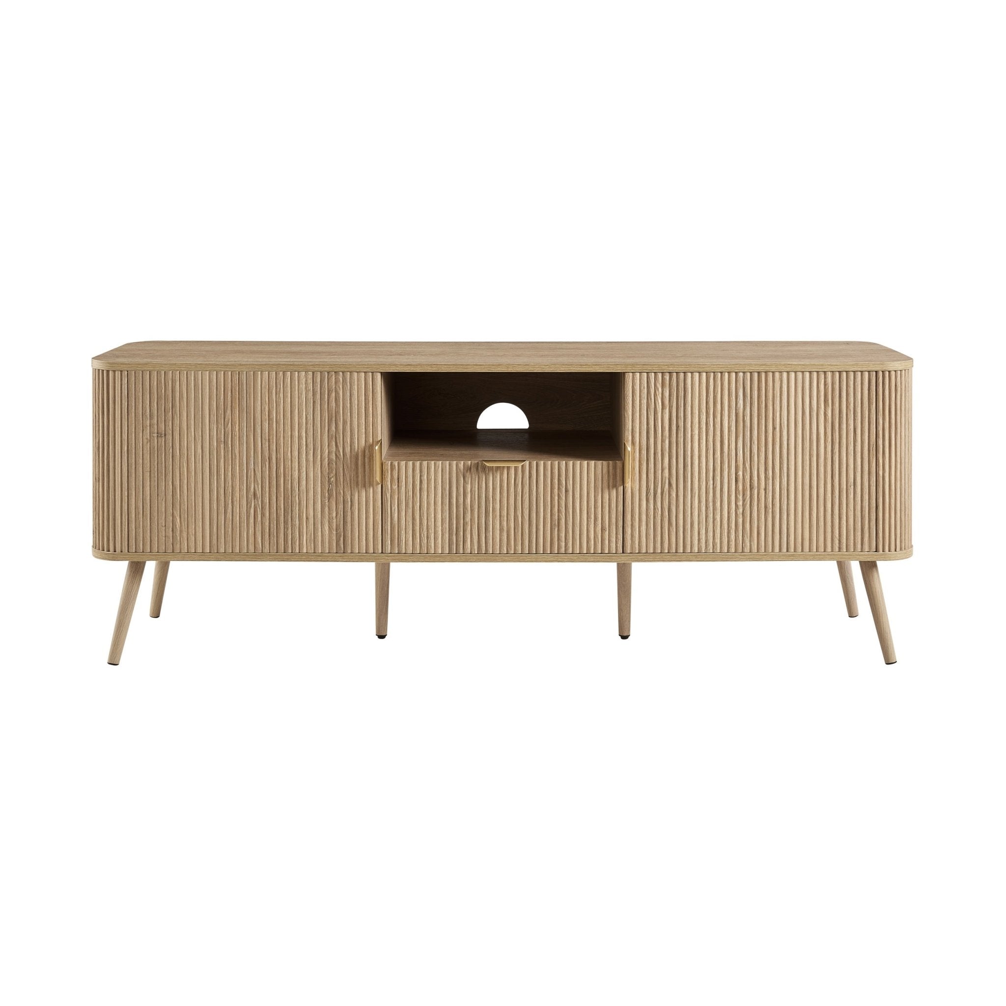 Meuble TV en bois clair style scandinave avec motif à panneaux pour téléviseurs jusqu'à 65 pouces pour salon