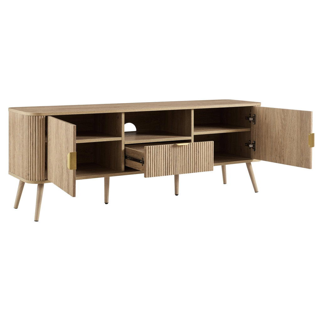 Meuble TV en bois clair style scandinave avec motif à panneaux pour téléviseurs jusqu'à 65 pouces pour salon